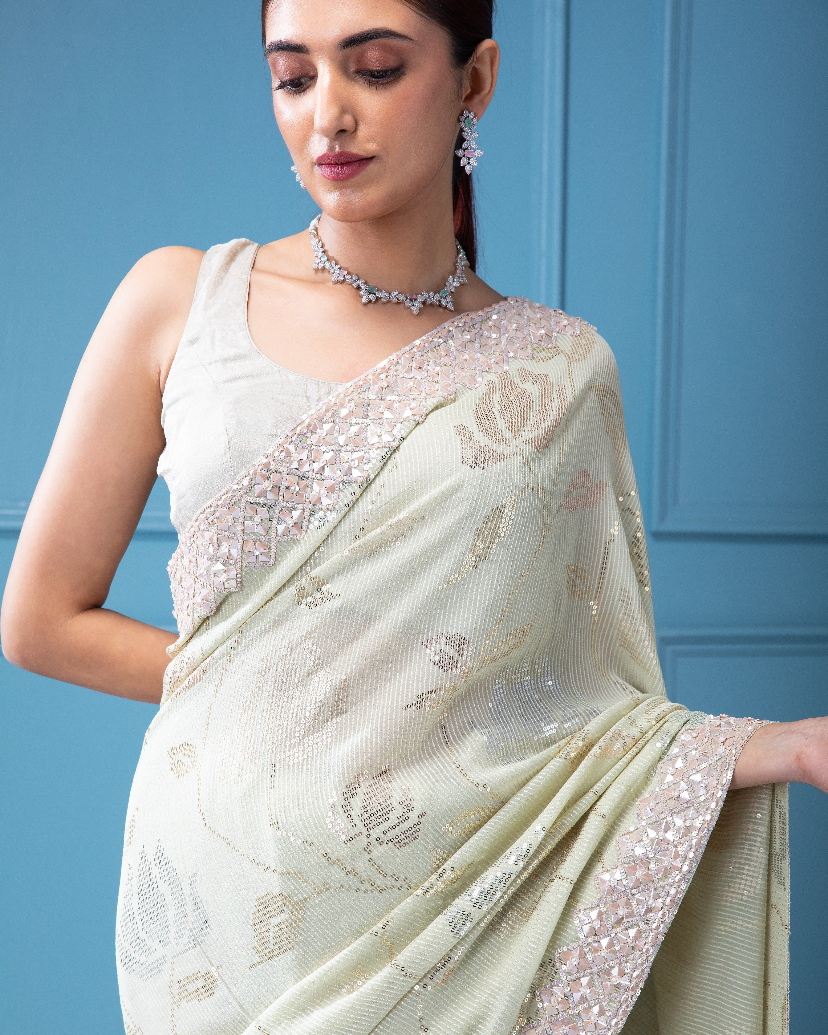 Light Mint Green Georgette Saree with Water Sequins Floral Motif - Mokshaa