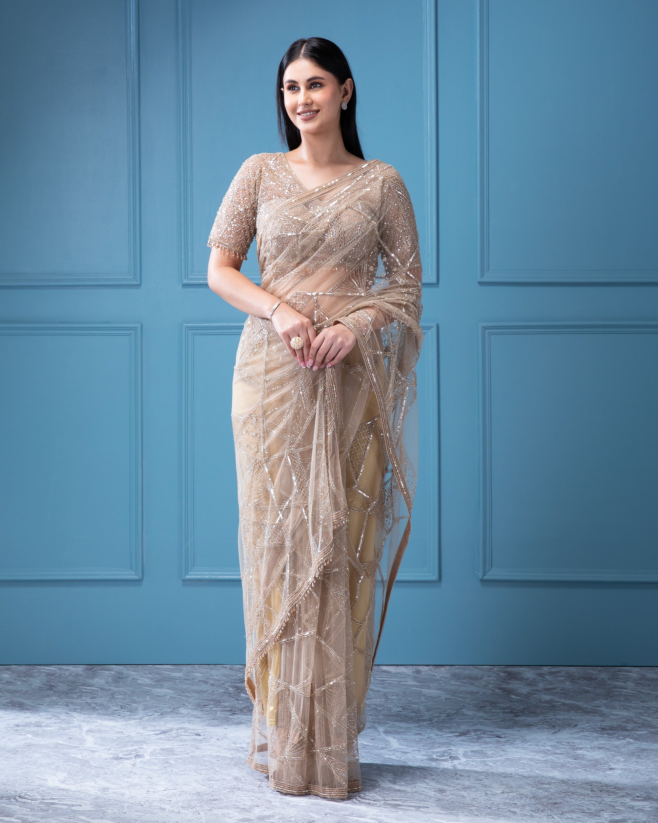 Beige Net Saree with all-over Beads and Sequins Work - Mokshaa