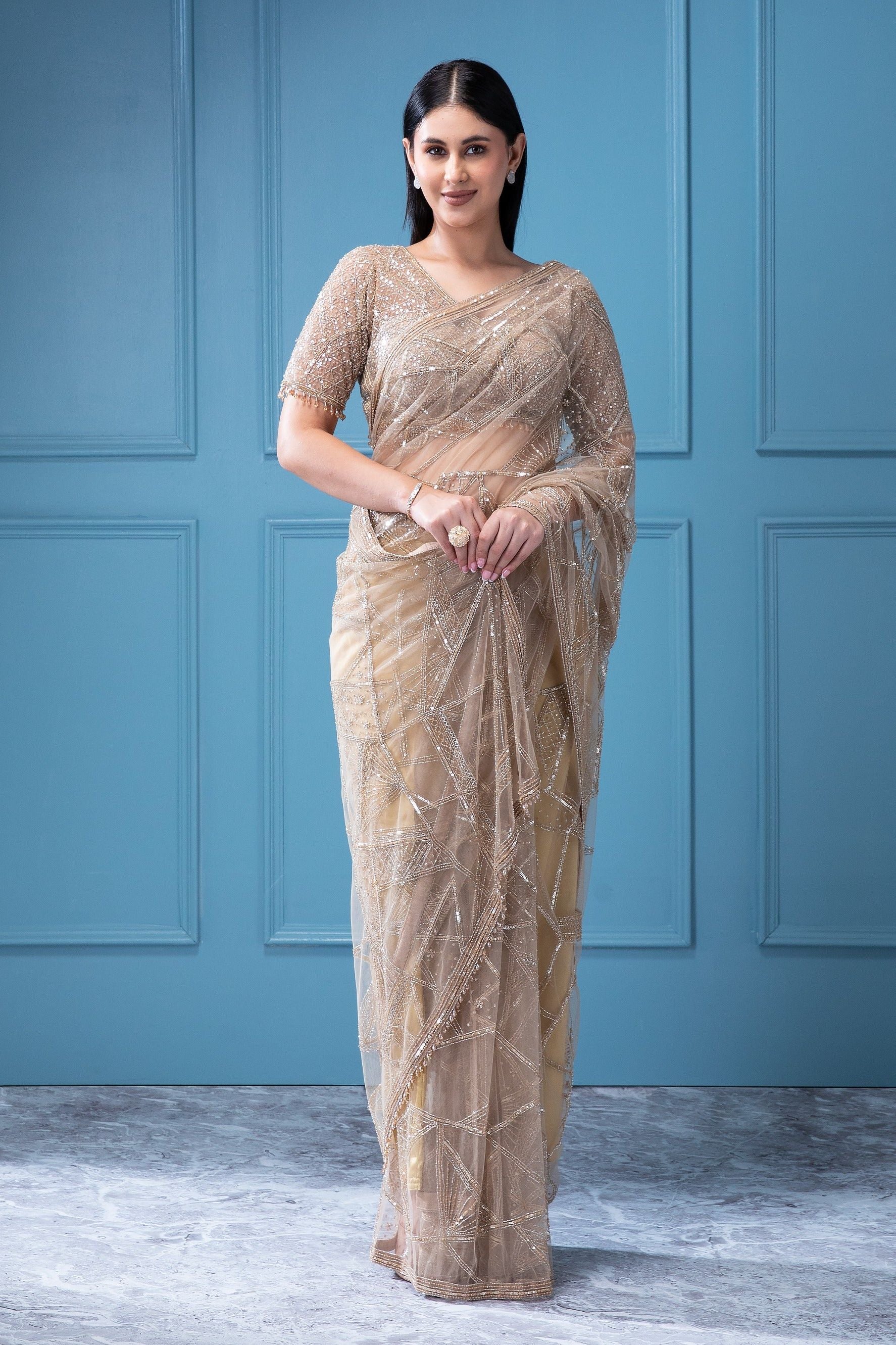 Beige Net Saree with all-over Beads and Sequins Work - Mokshaa