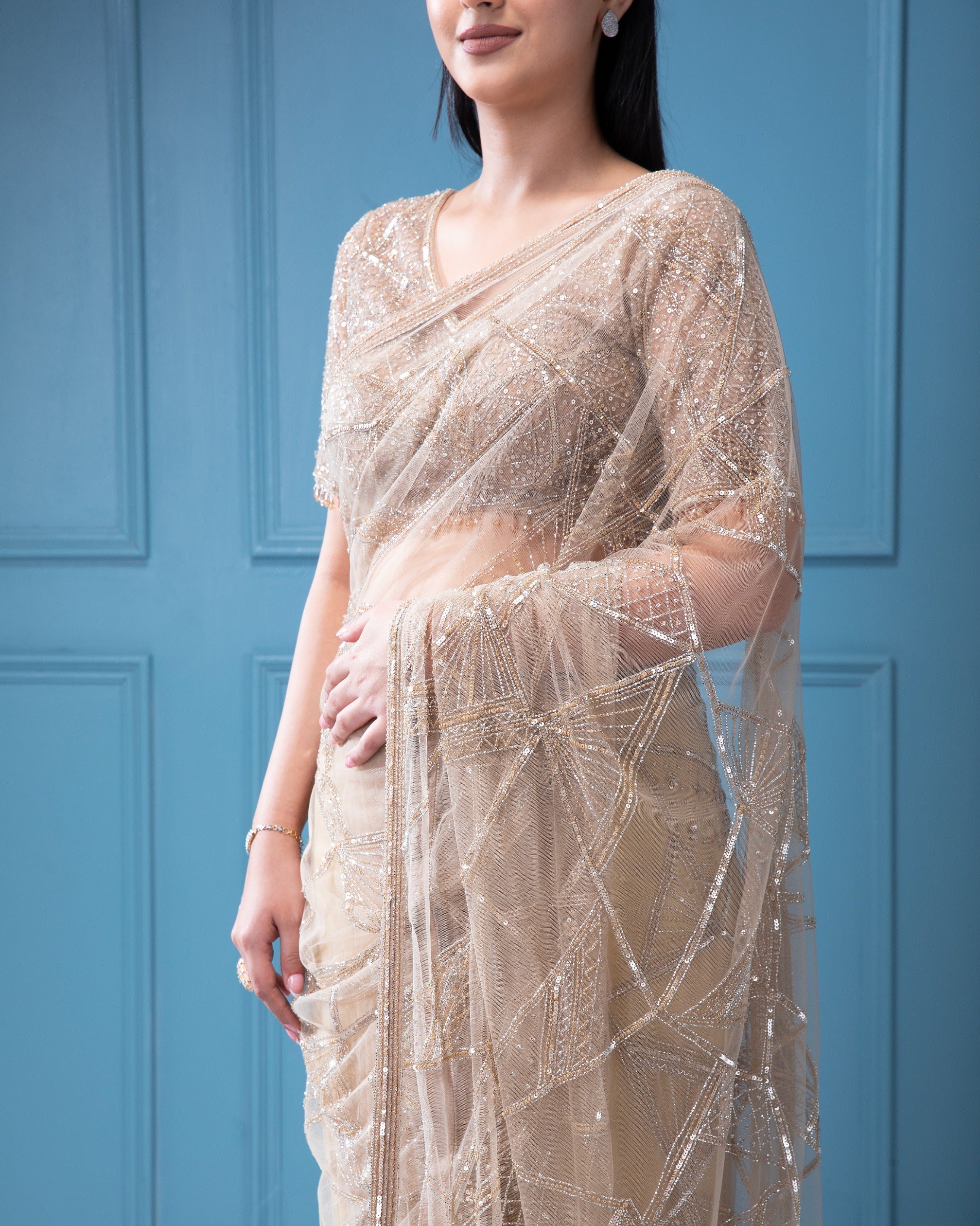 Beige Net Saree with all-over Beads and Sequins Work - Mokshaa