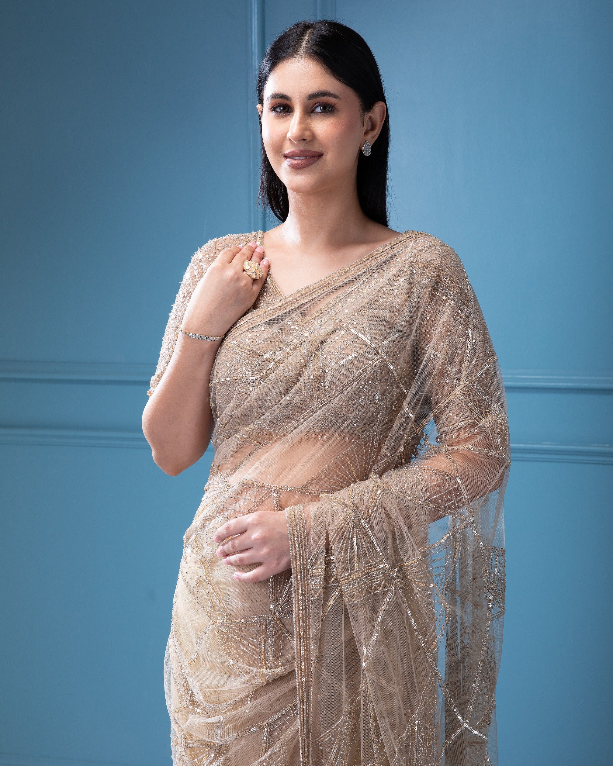 Beige Net Saree with all-over Beads and Sequins Work - Mokshaa