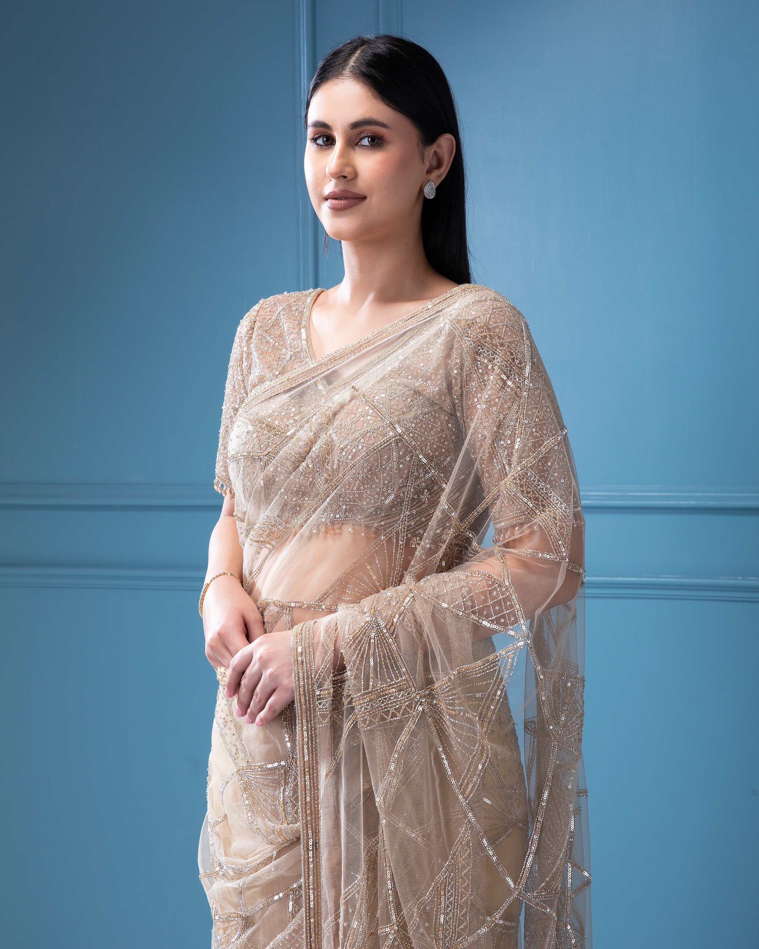 Beige Net Saree with all-over Beads and Sequins Work - Mokshaa