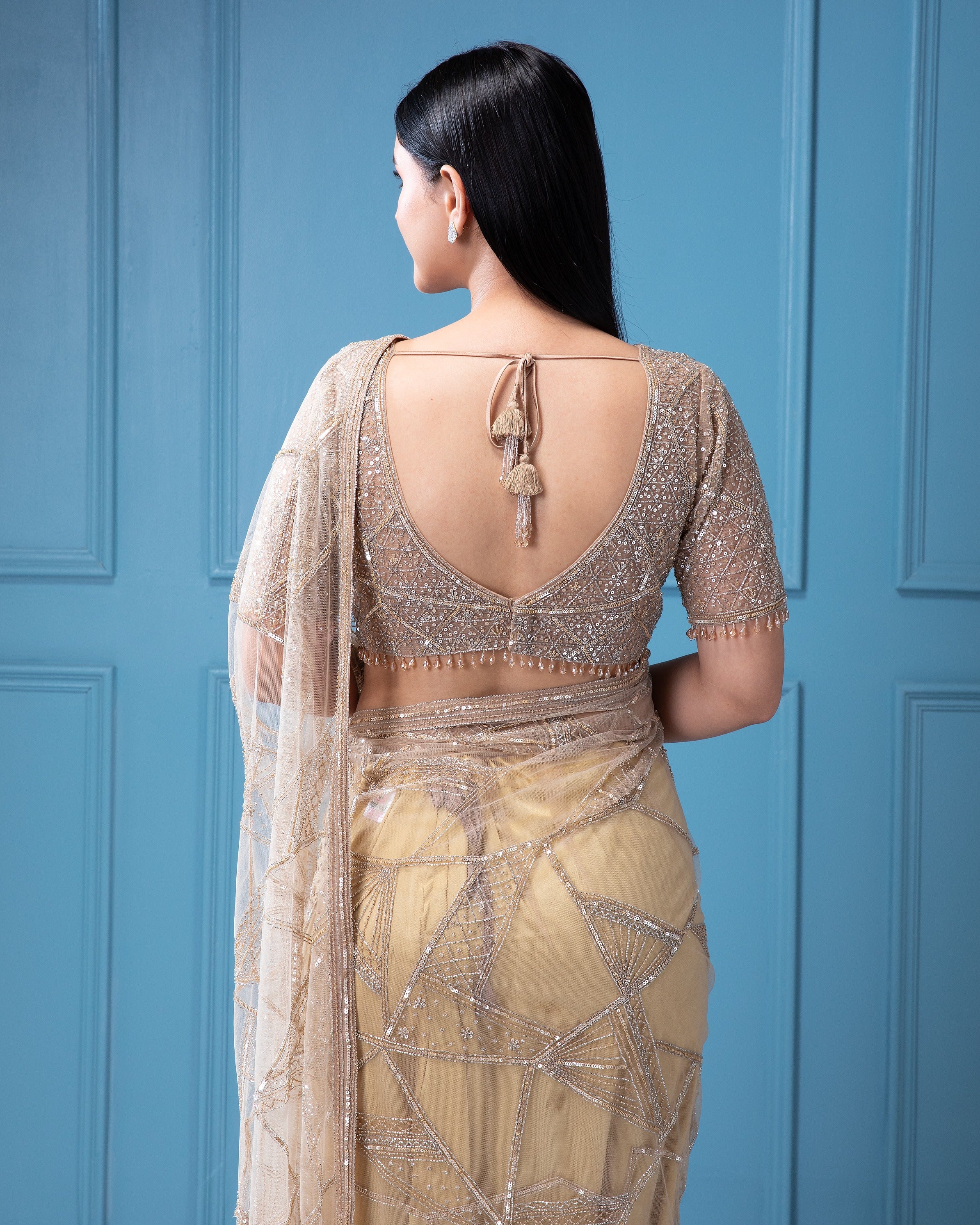 Beige Net Saree with all-over Beads and Sequins Work - Mokshaa