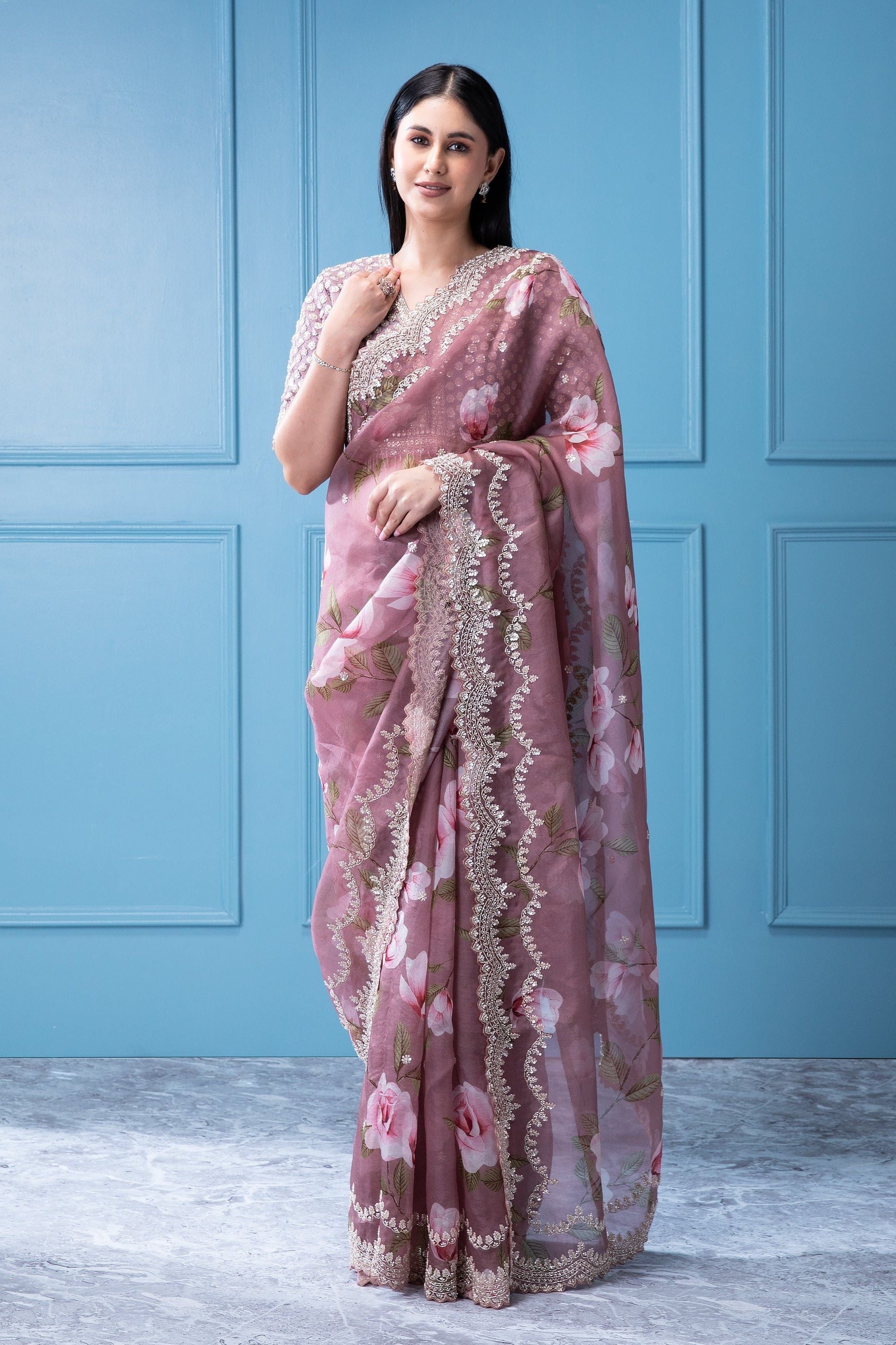 Pastel Mauve Peach Organza Saree with Crystal and Bead Work - Mokshaa