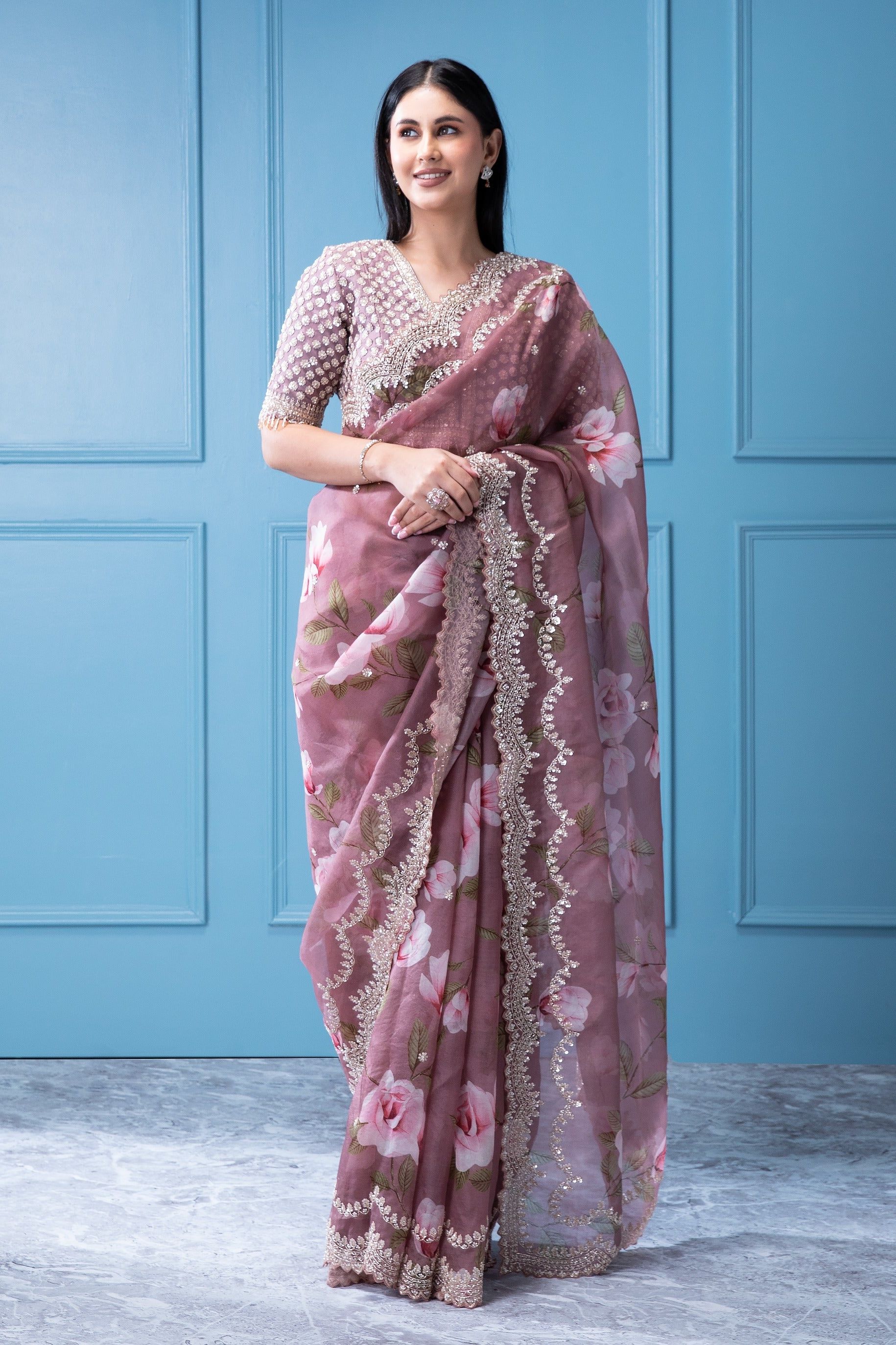 Pastel Mauve Peach Organza Saree with Crystal and Bead Work - Mokshaa
