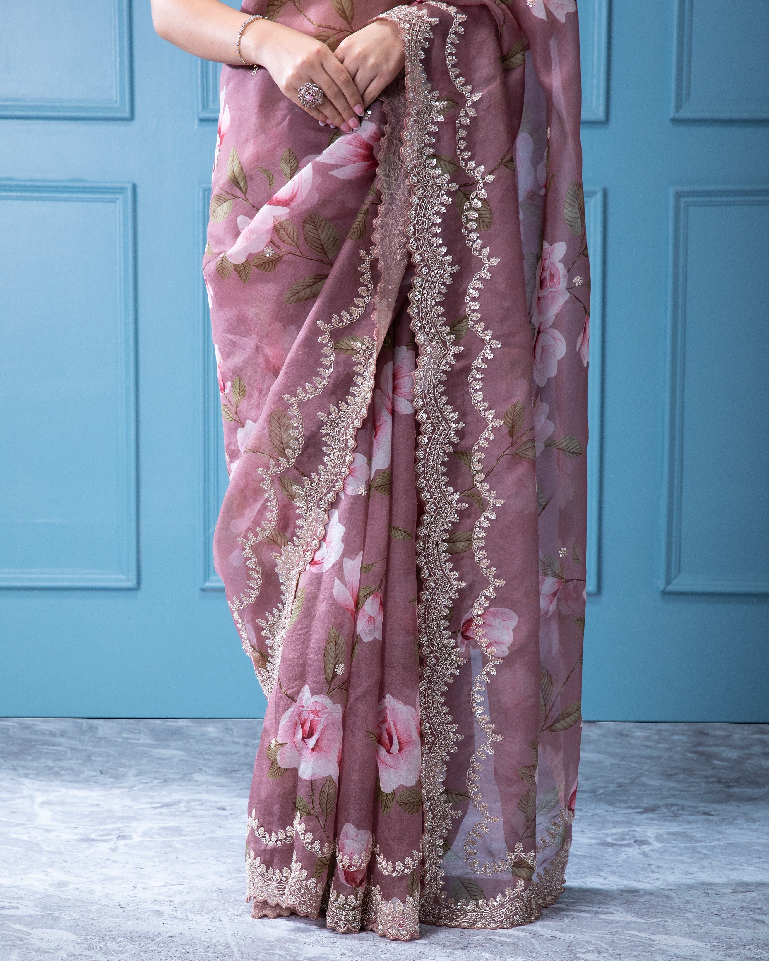 Pastel Mauve Peach Organza Saree with Crystal and Bead Work - Mokshaa