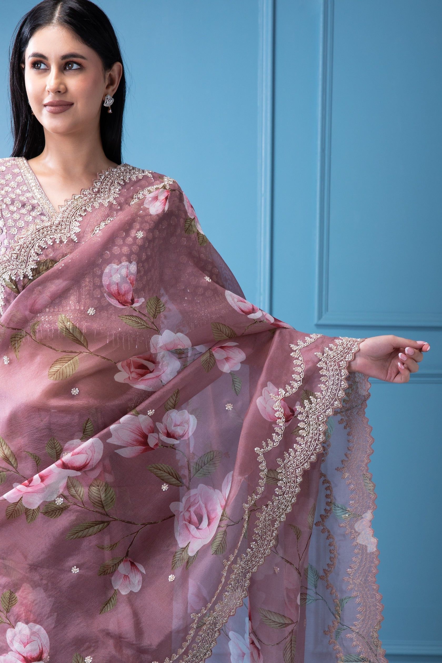Pastel Mauve Peach Organza Saree with Crystal and Bead Work - Mokshaa