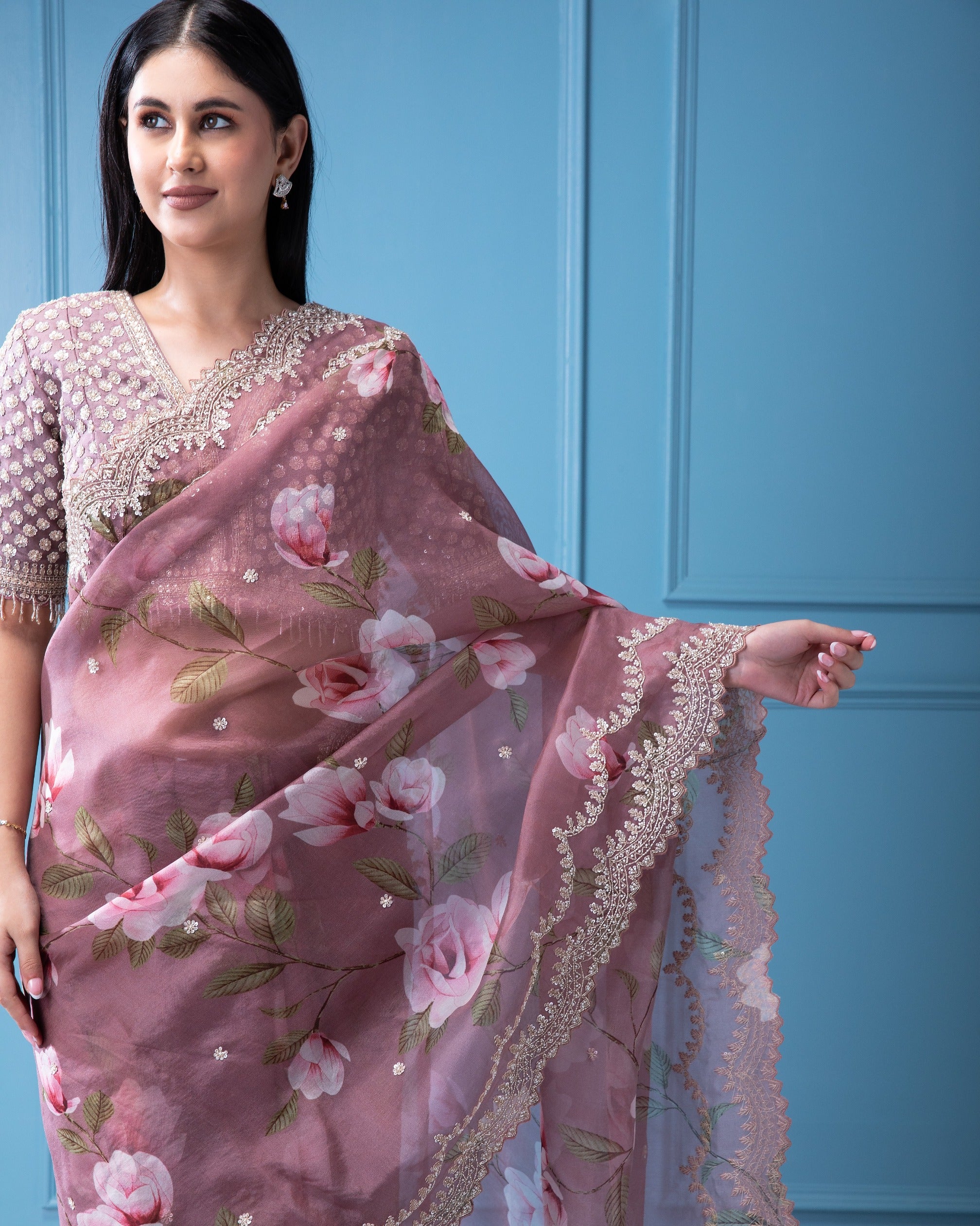 Pastel Mauve Peach Organza Saree with Crystal and Bead Work - Mokshaa