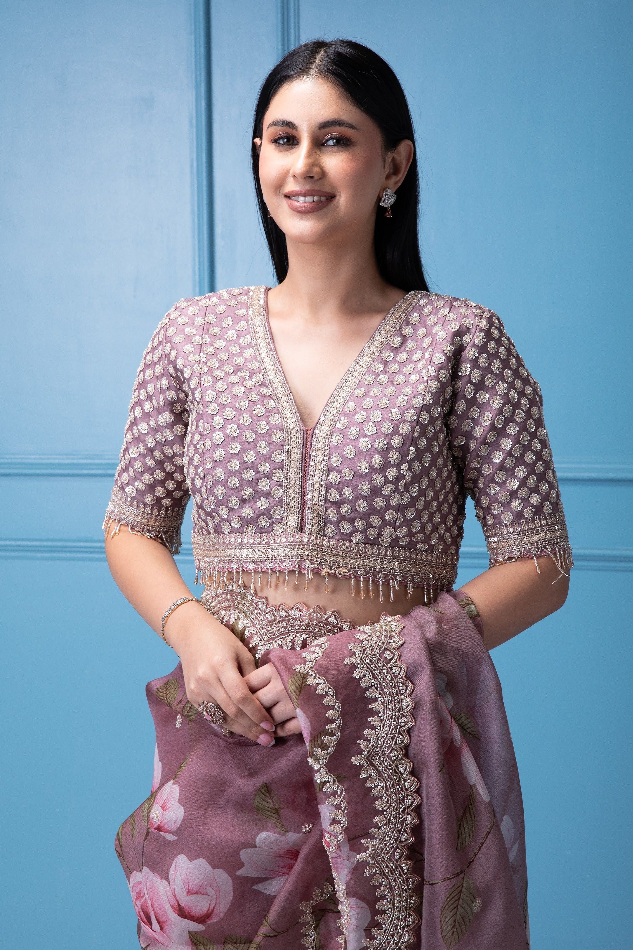Pastel Mauve Peach Organza Saree with Crystal and Bead Work - Mokshaa