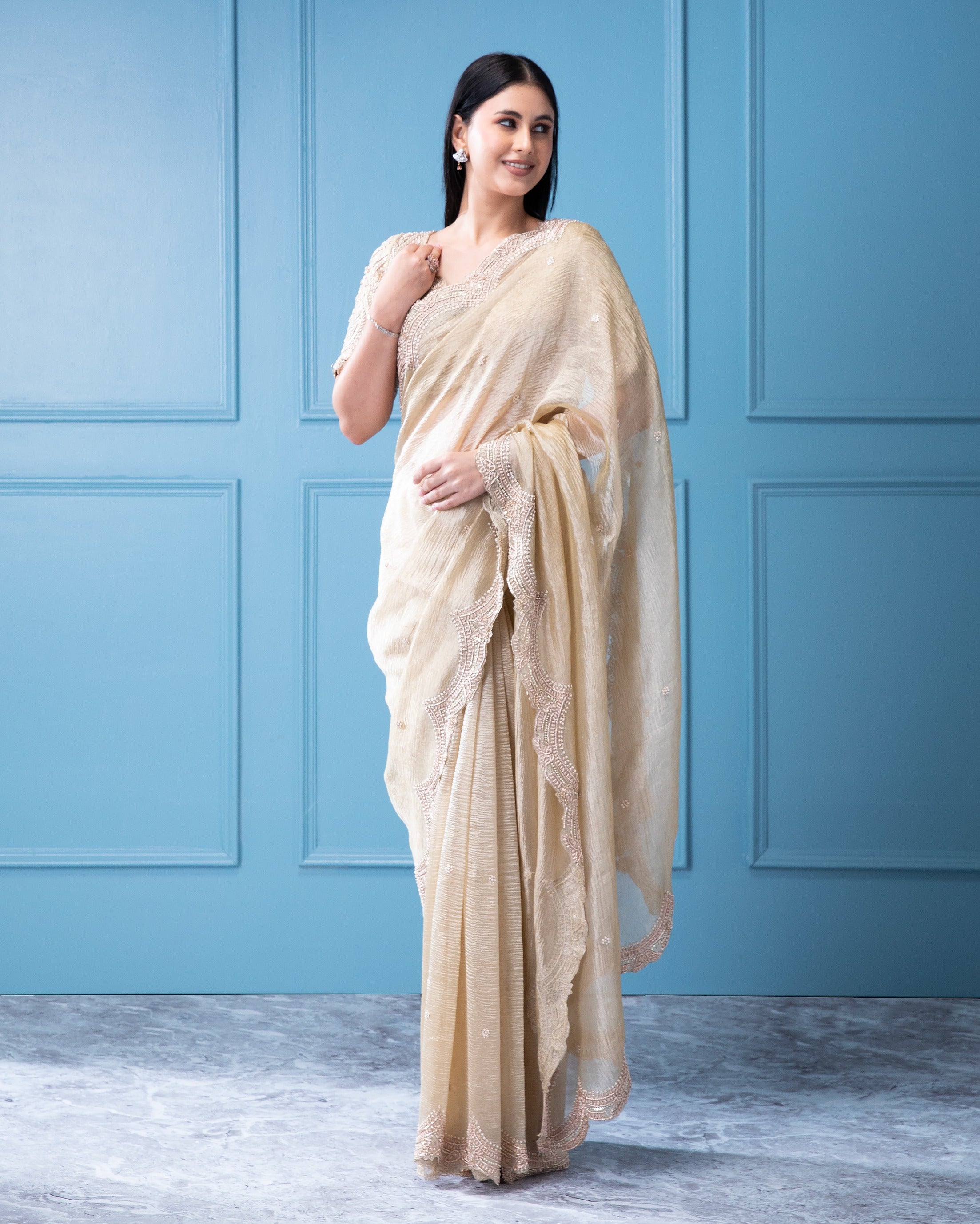 Light Gold Crush Saree with Zardosi and Pearl Motif - Mokshaa