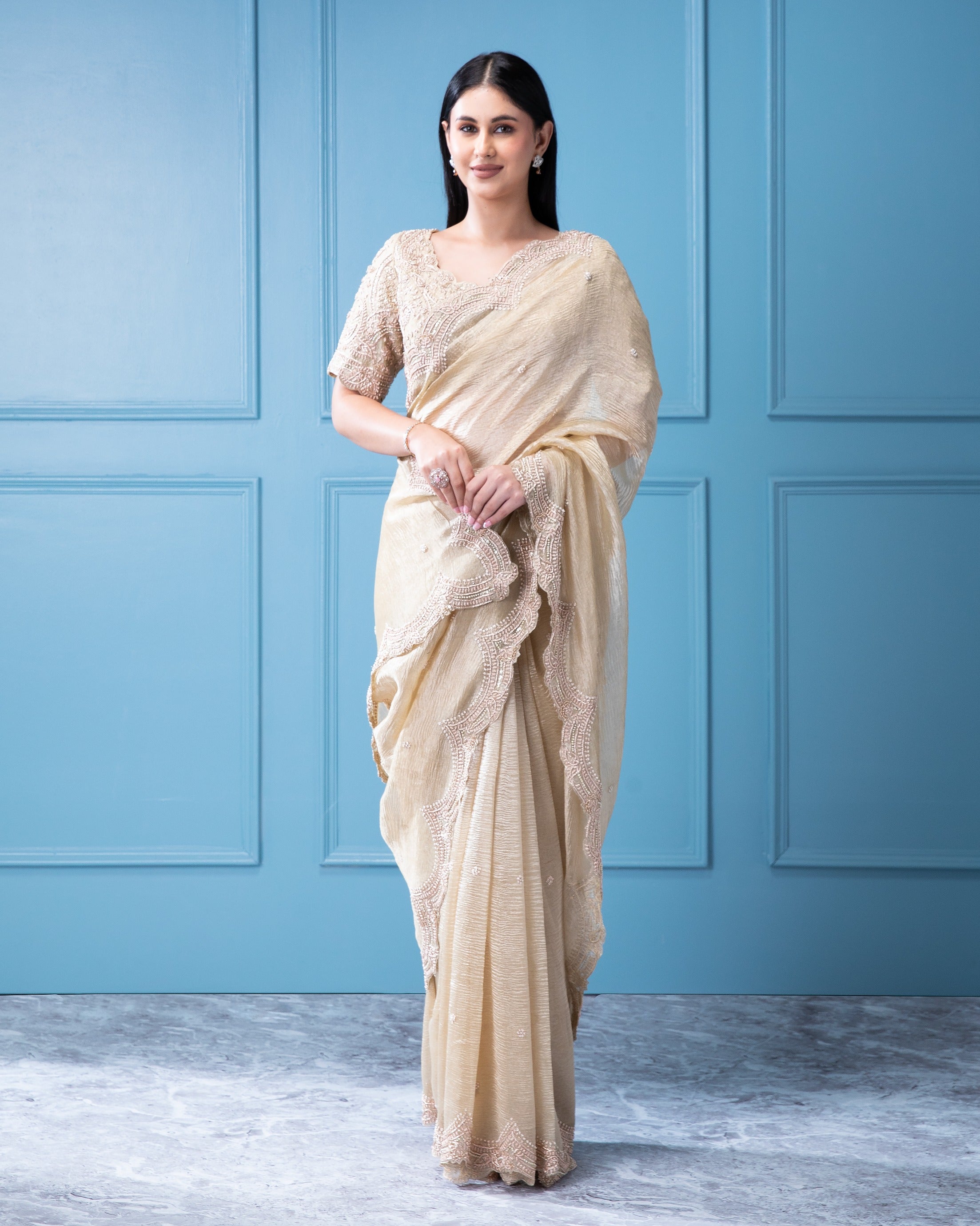 Light Gold Crush Saree with Zardosi and Pearl Motif - Mokshaa