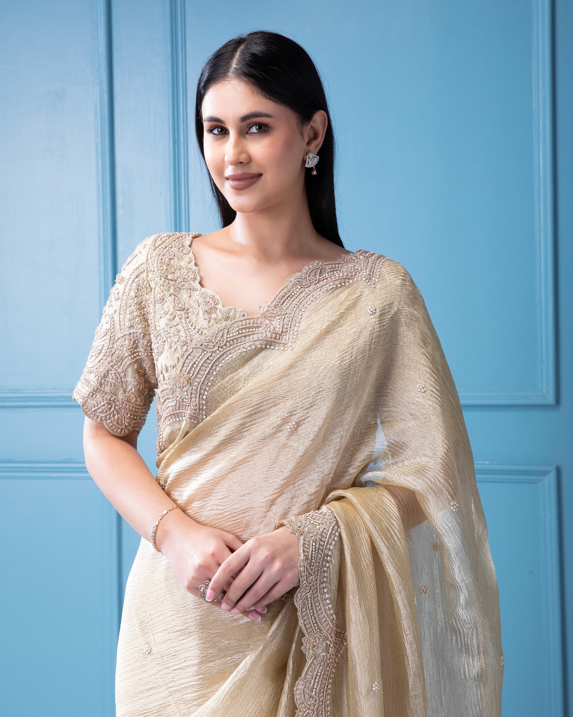 Light Gold Crush Saree with Zardosi and Pearl Motif - Mokshaa