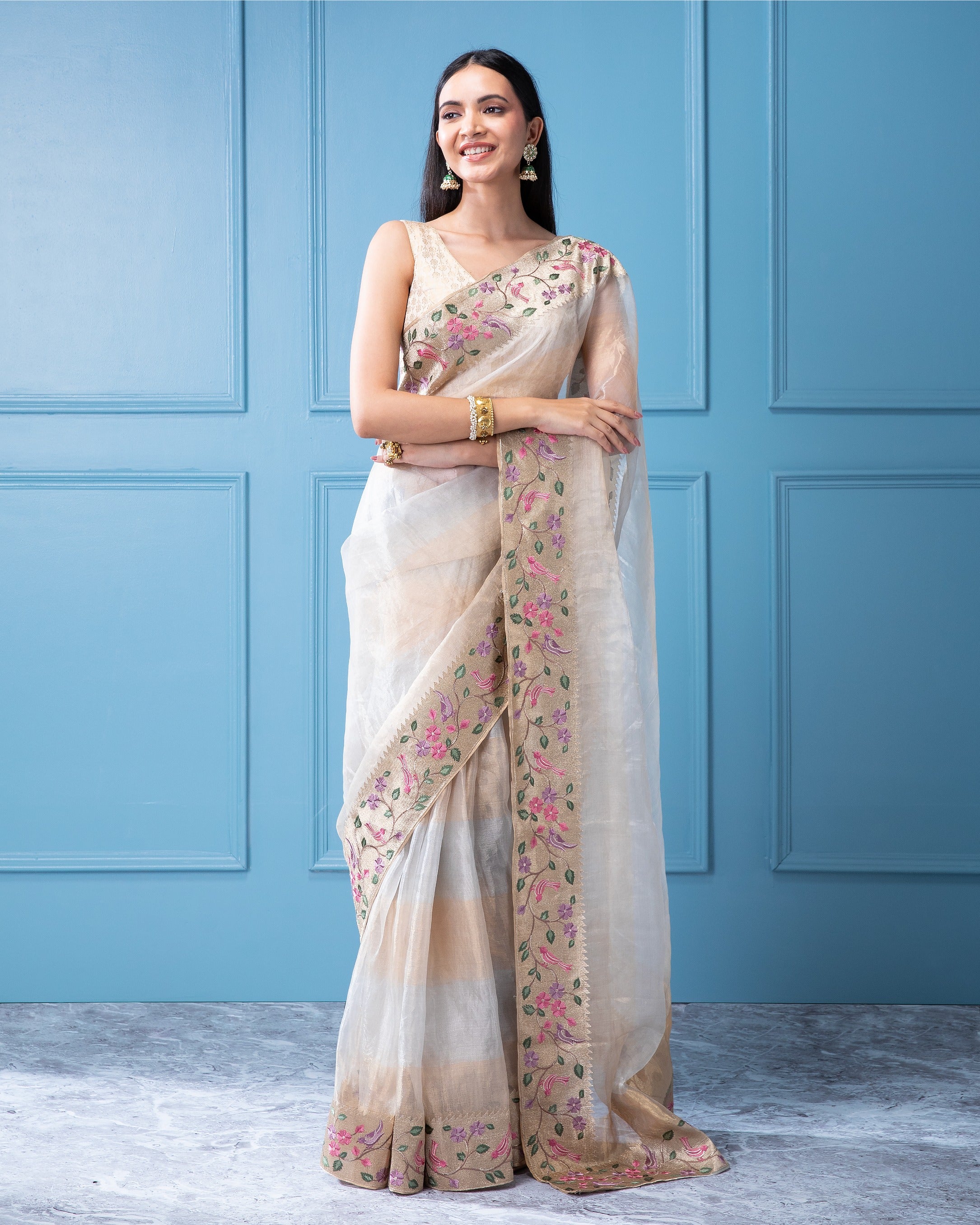 Gold and Silver Organza Tissue Saree with Multi-Thread Embroidery Border - Mokshaa