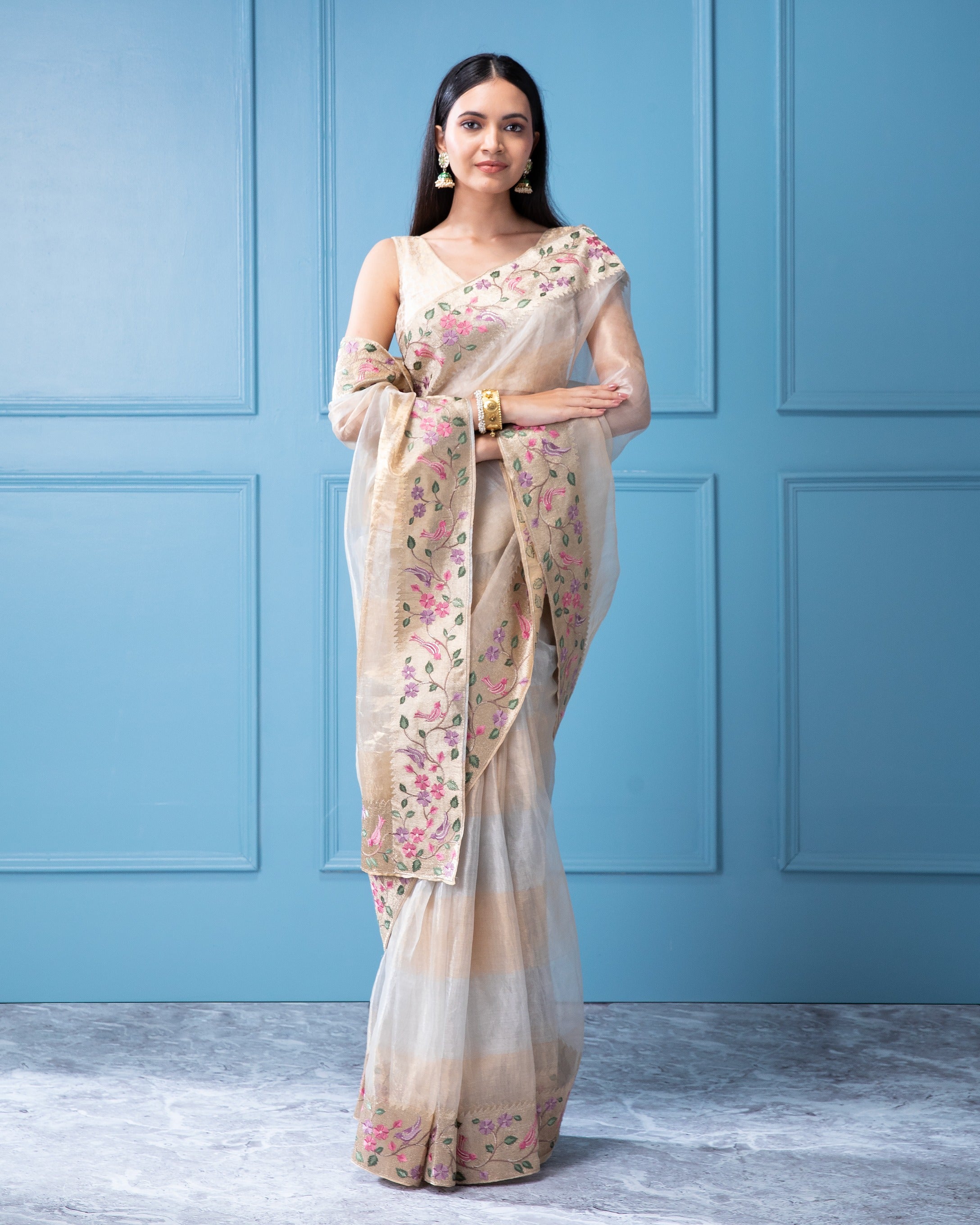 Gold and Silver Organza Tissue Saree with Multi-Thread Embroidery Border - Mokshaa