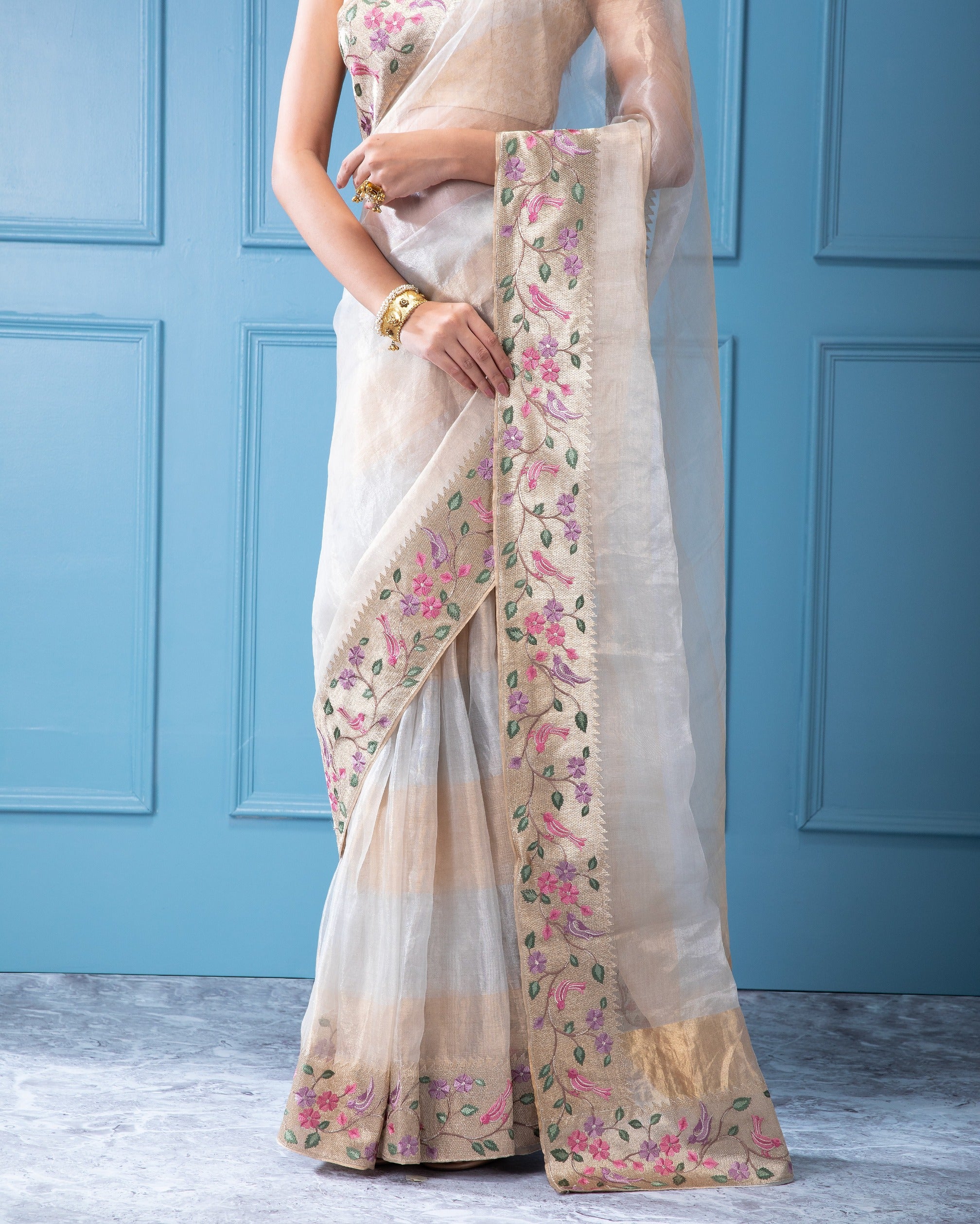 Gold and Silver Organza Tissue Saree with Multi-Thread Embroidery Border - Mokshaa