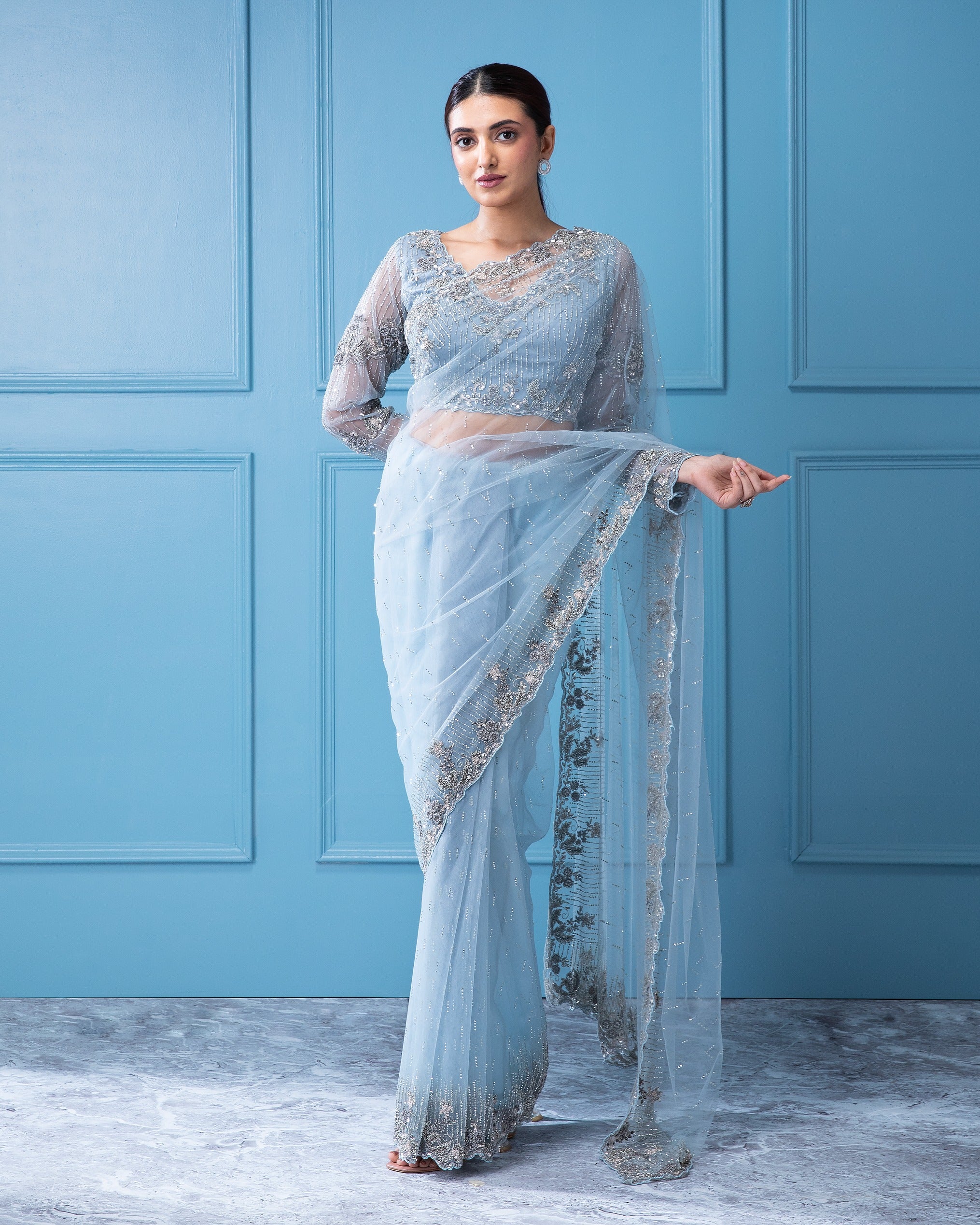 Soft Pastel Blue Net Saree with Sequins, Stones, and Zardosi Work - Mokshaa