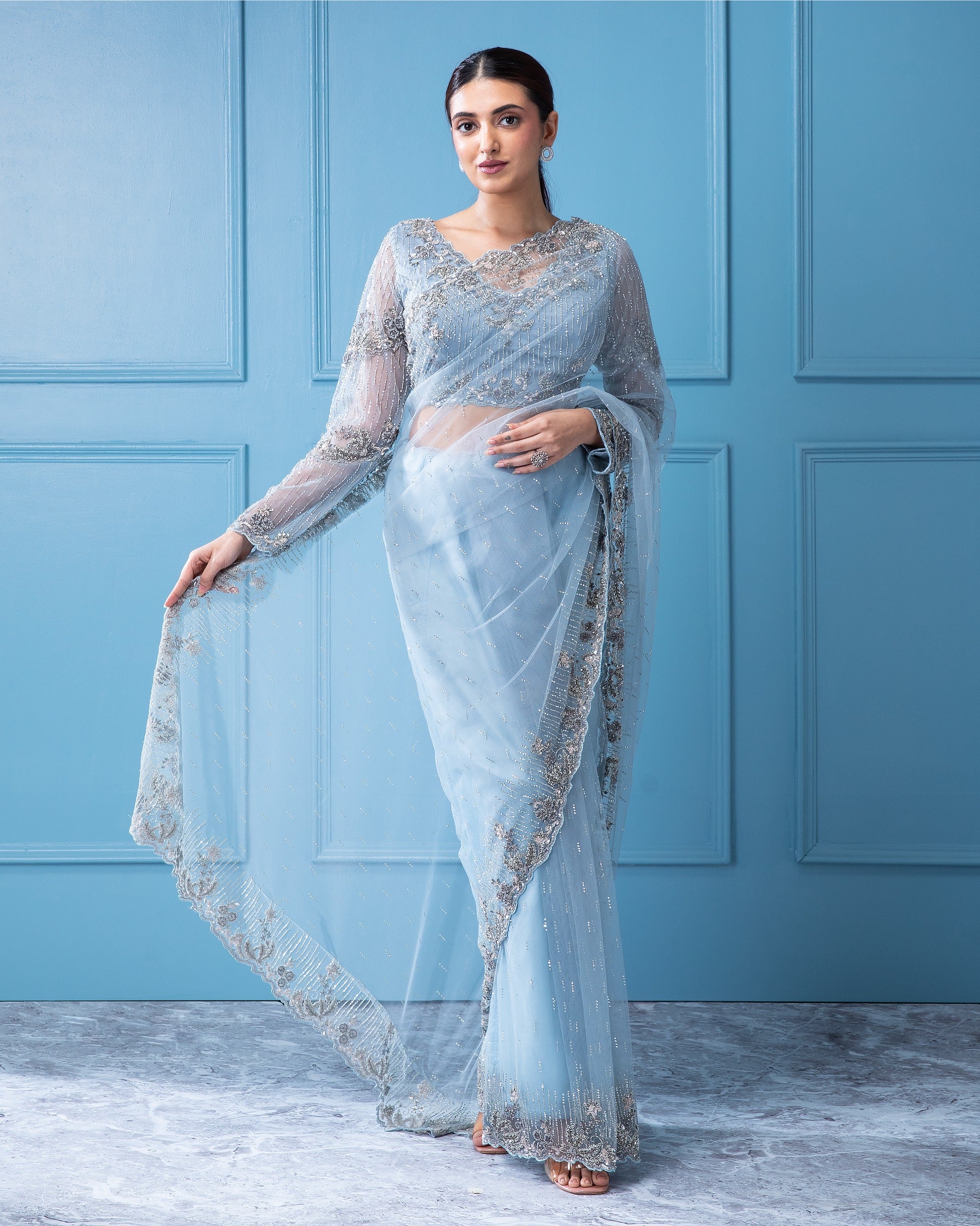 Soft Pastel Blue Net Saree with Sequins, Stones, and Zardosi Work - Mokshaa