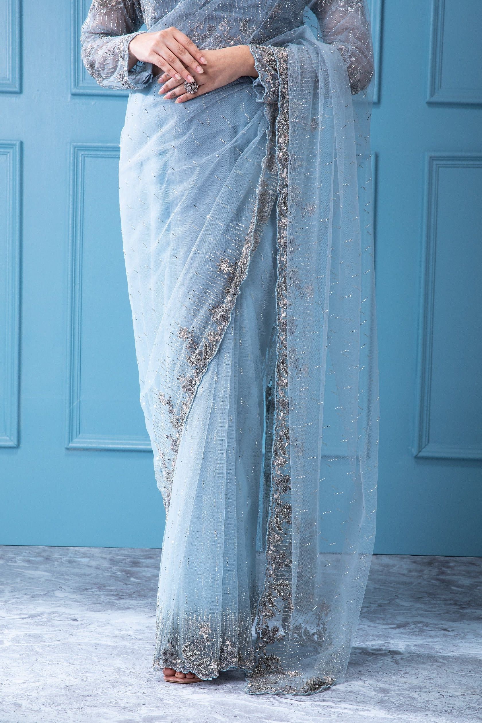 Soft Pastel Blue Net Saree with Sequins, Stones, and Zardosi Work - Mokshaa