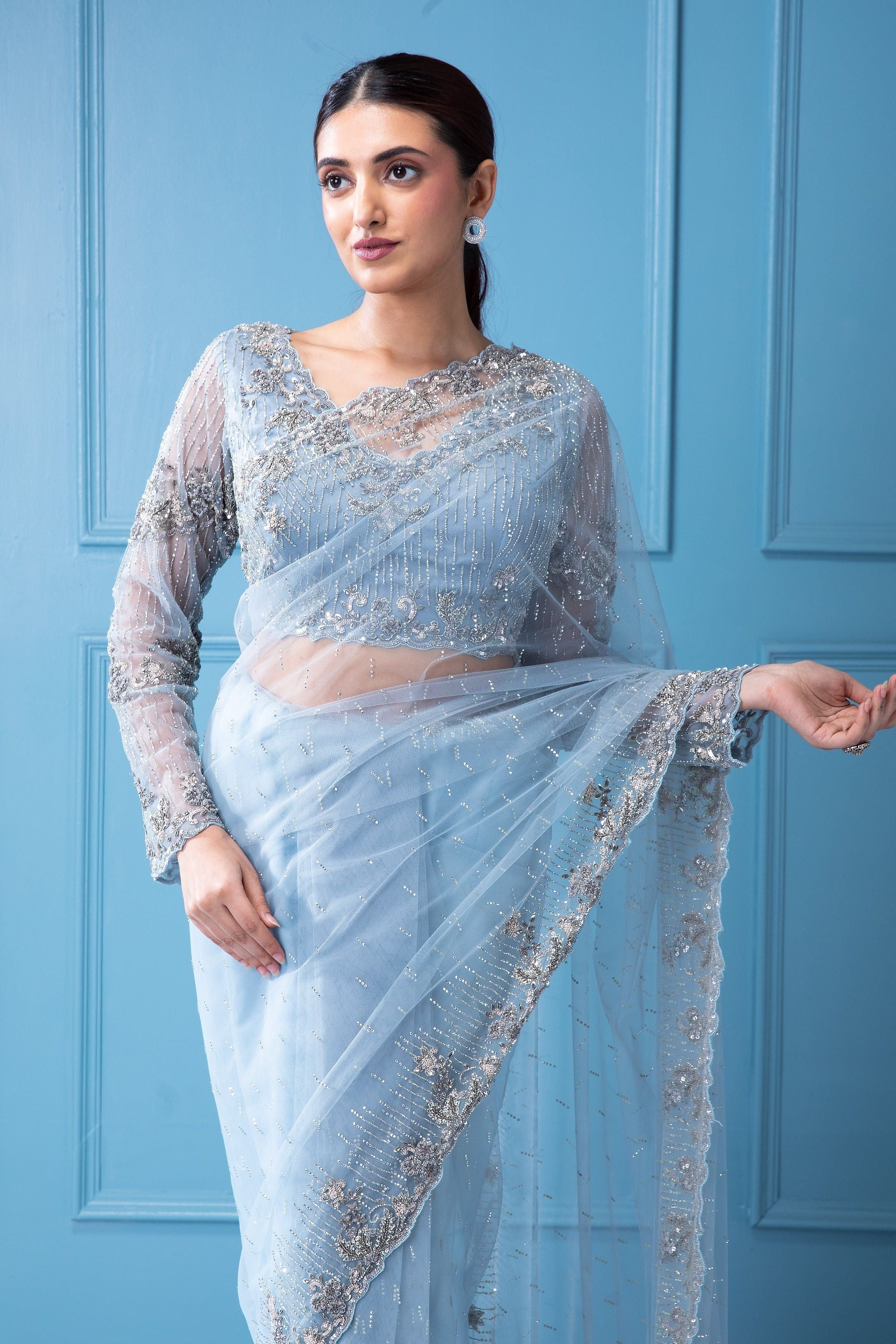 Soft Pastel Blue Net Saree with Sequins, Stones, and Zardosi Work - Mokshaa