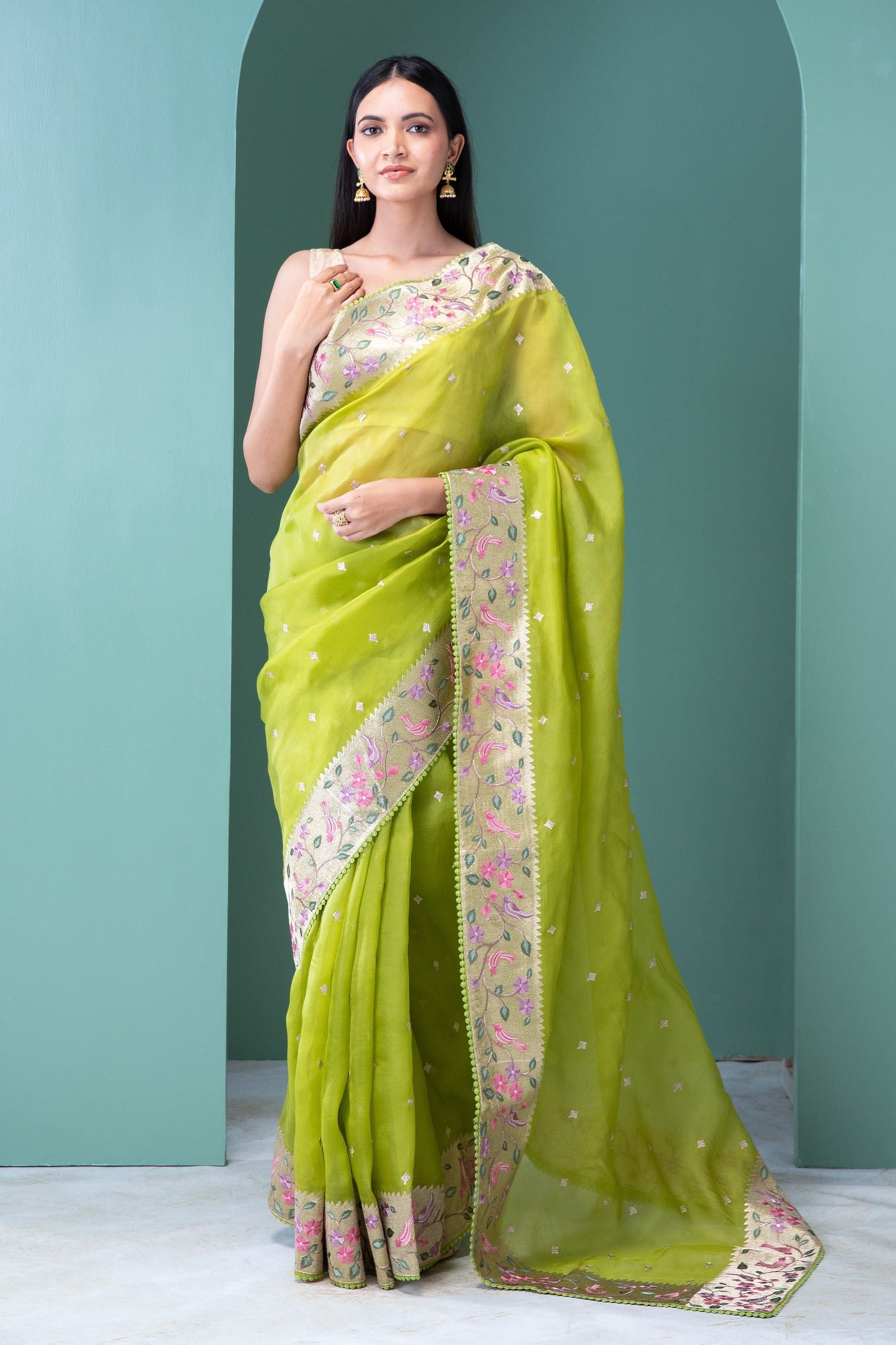 Lime Green Organza Saree with Zari and Thread Work in Jamthani Style - Mokshaa