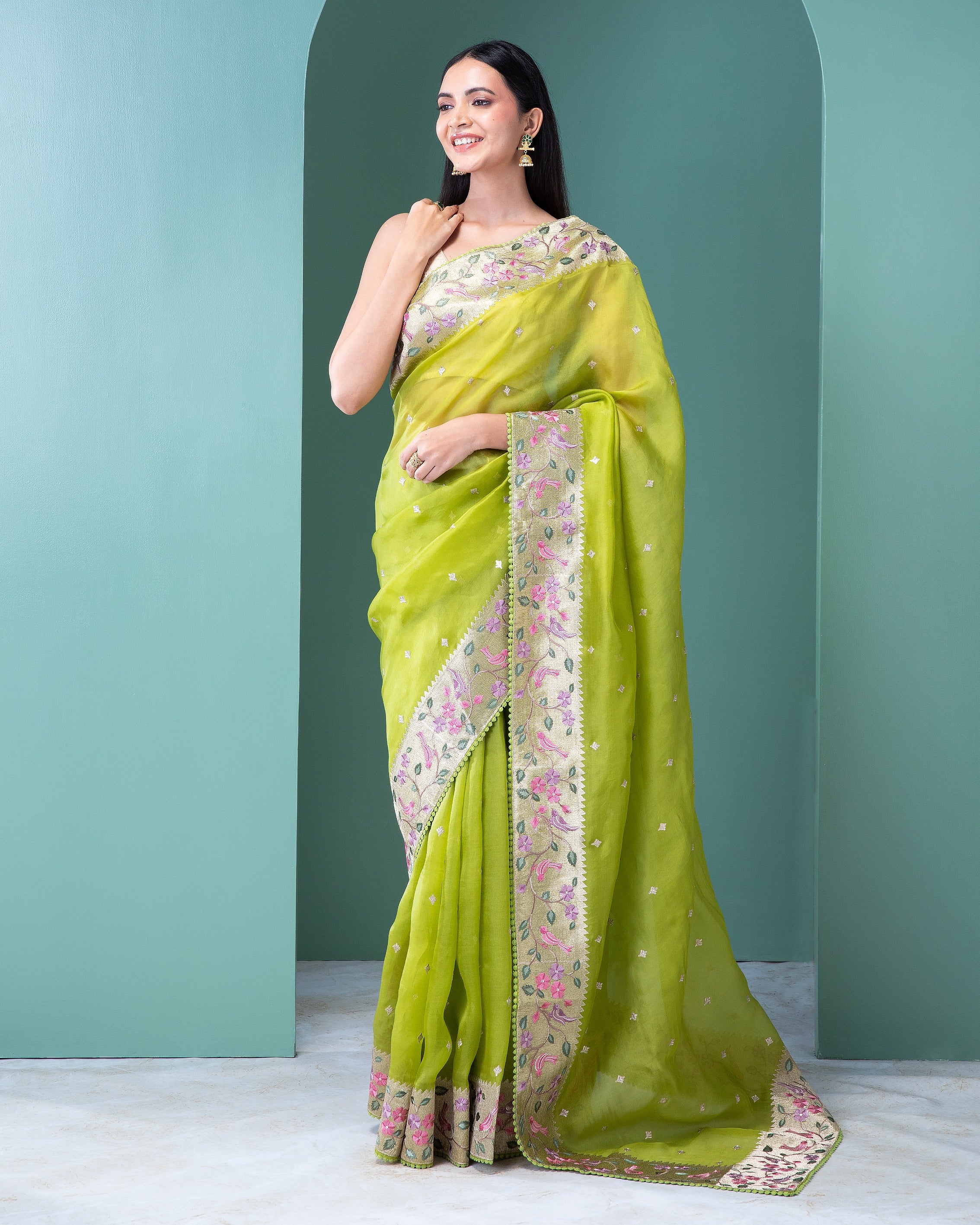 Lime Green Organza Saree with Zari and Thread Work in Jamthani Style - Mokshaa