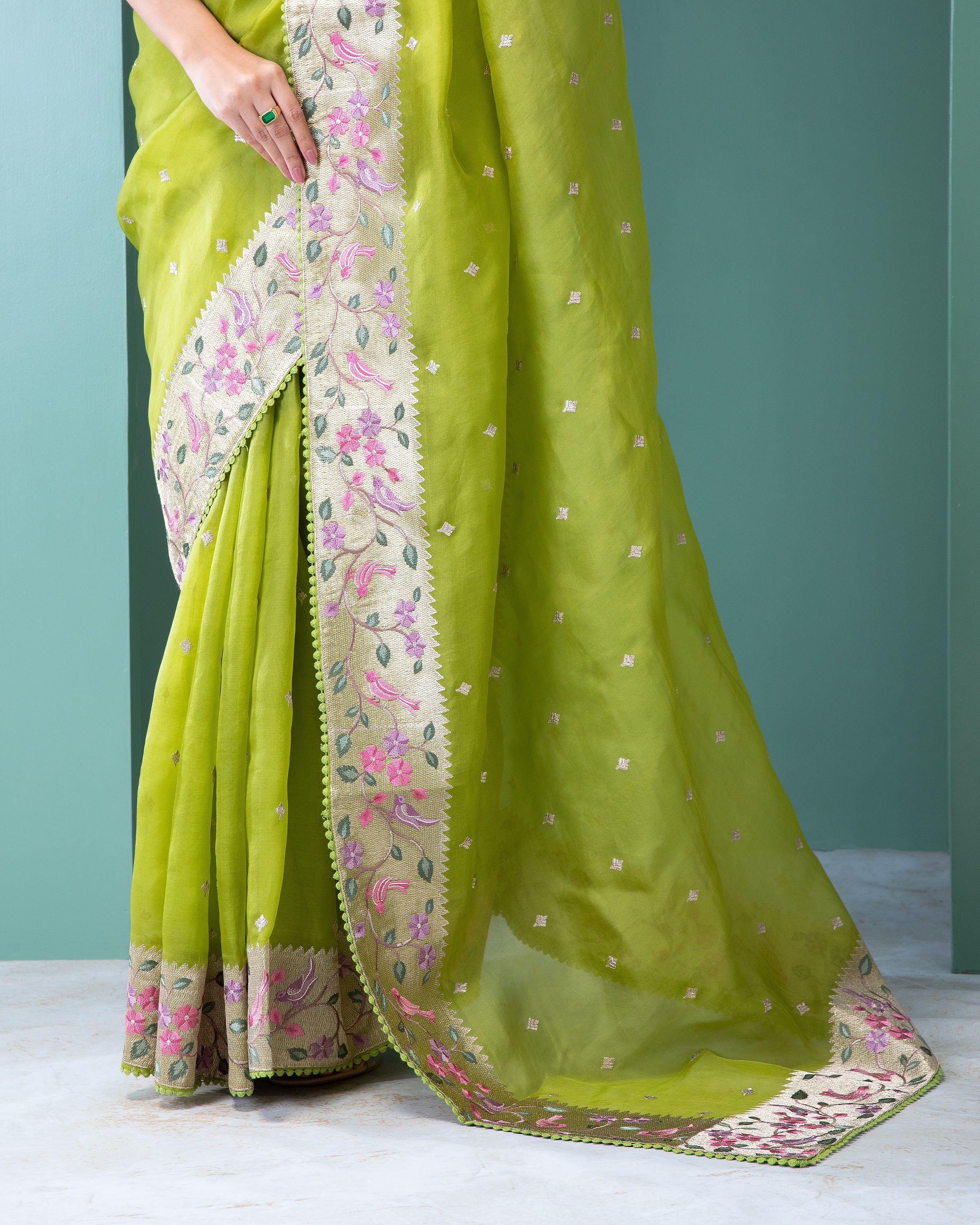 Lime Green Organza Saree with Zari and Thread Work in Jamthani Style - Mokshaa