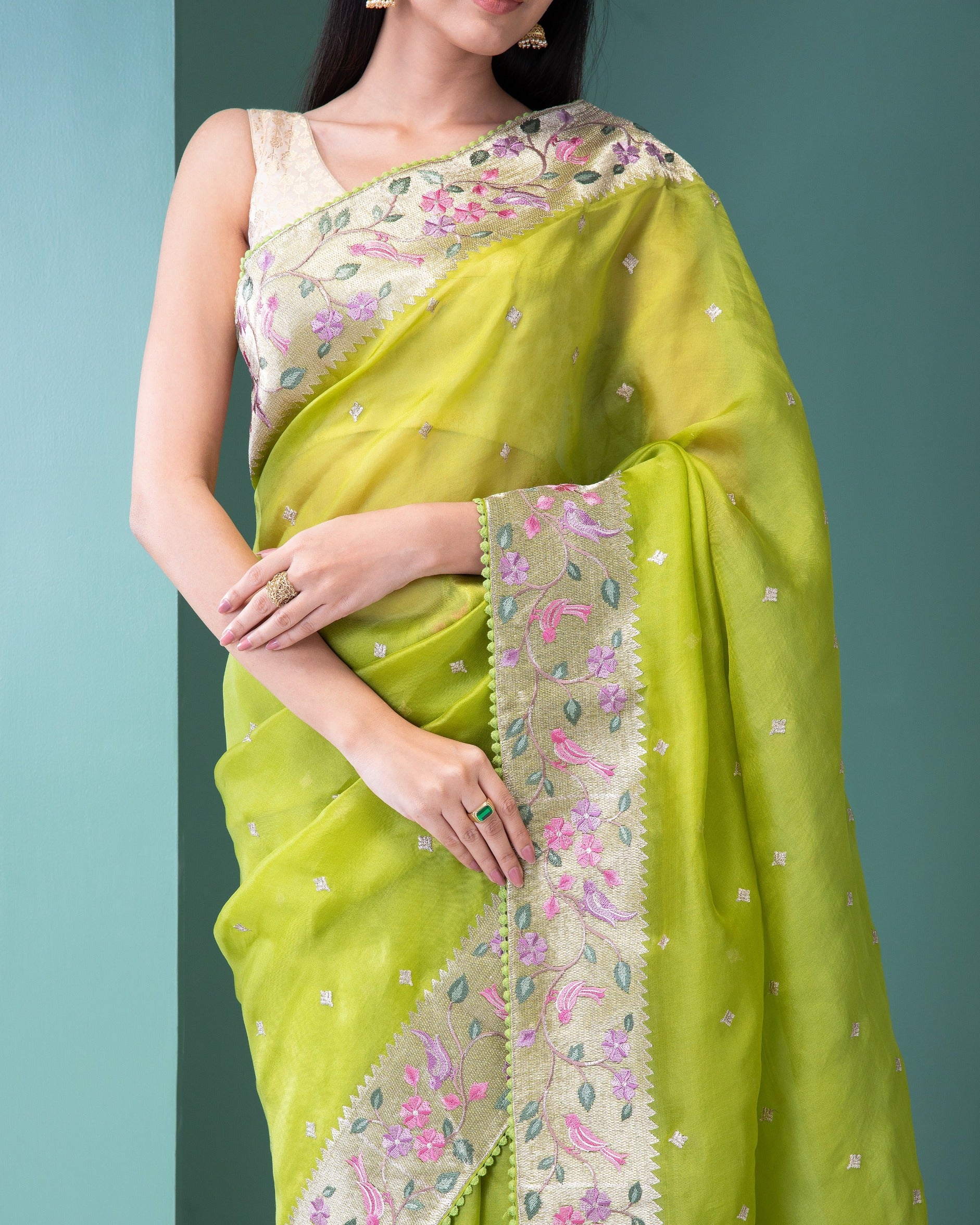 Lime Green Organza Saree with Zari and Thread Work in Jamthani Style - Mokshaa