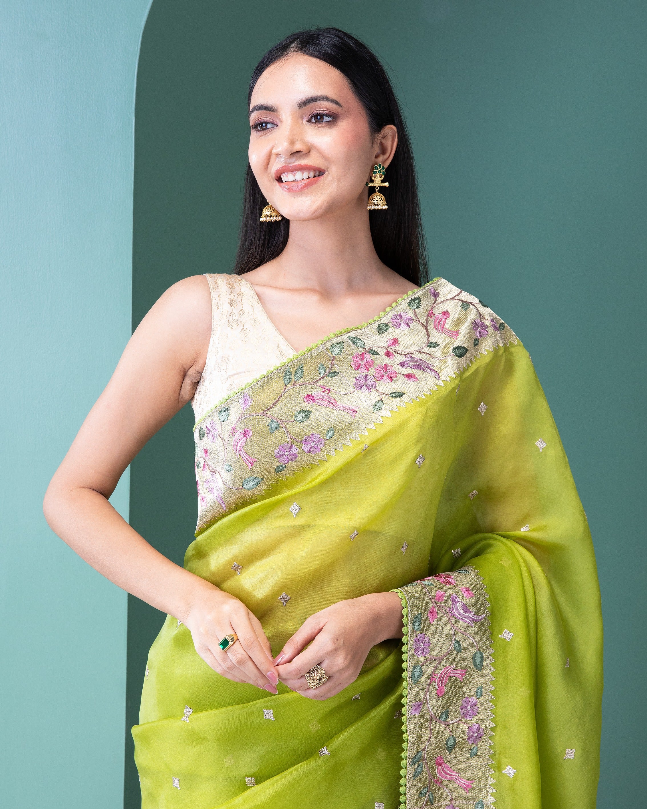 Lime Green Organza Saree with Zari and Thread Work in Jamthani Style - Mokshaa