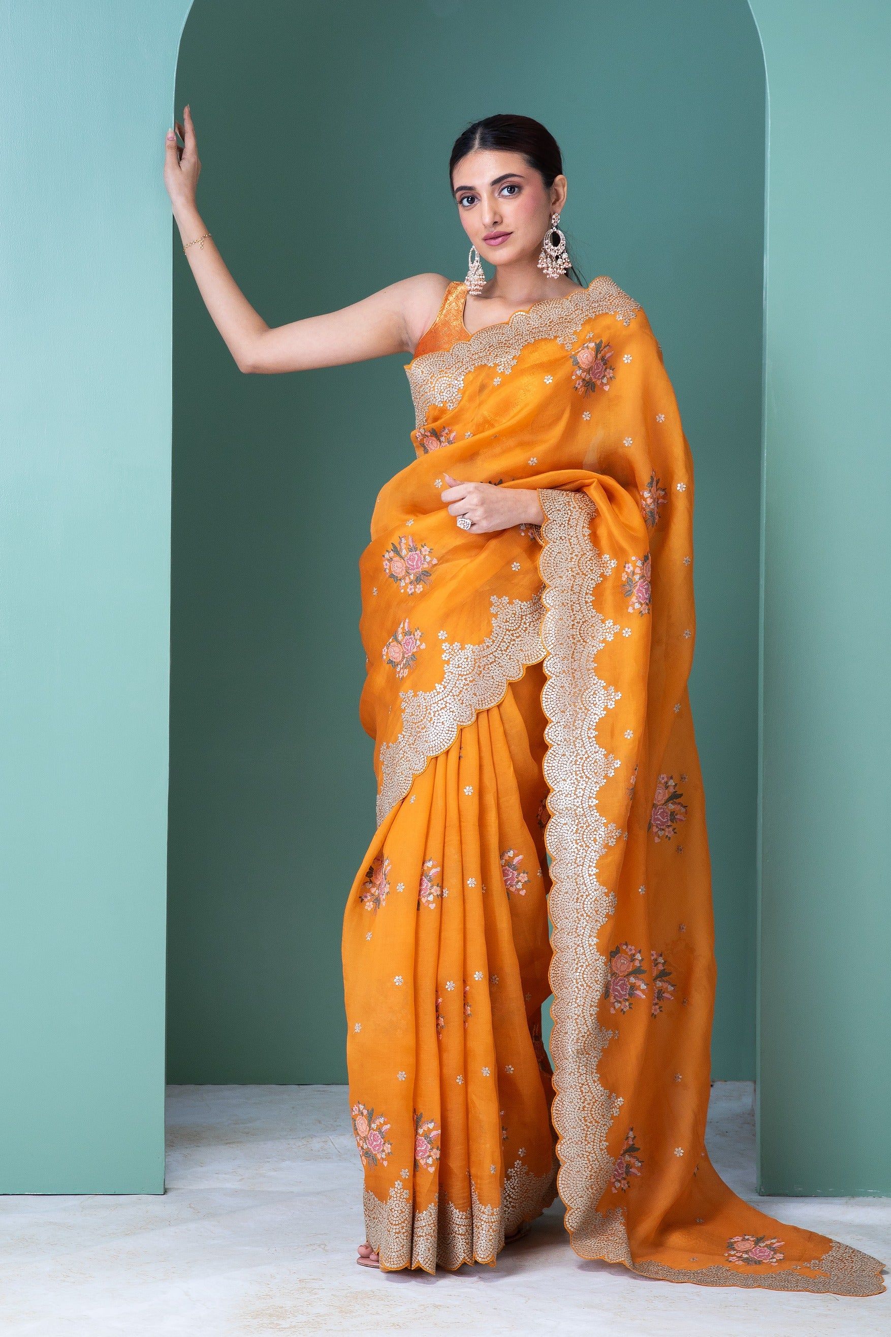 Orange Organza Saree with Floral Embroidery and Sequins Scallop Border - Mokshaa