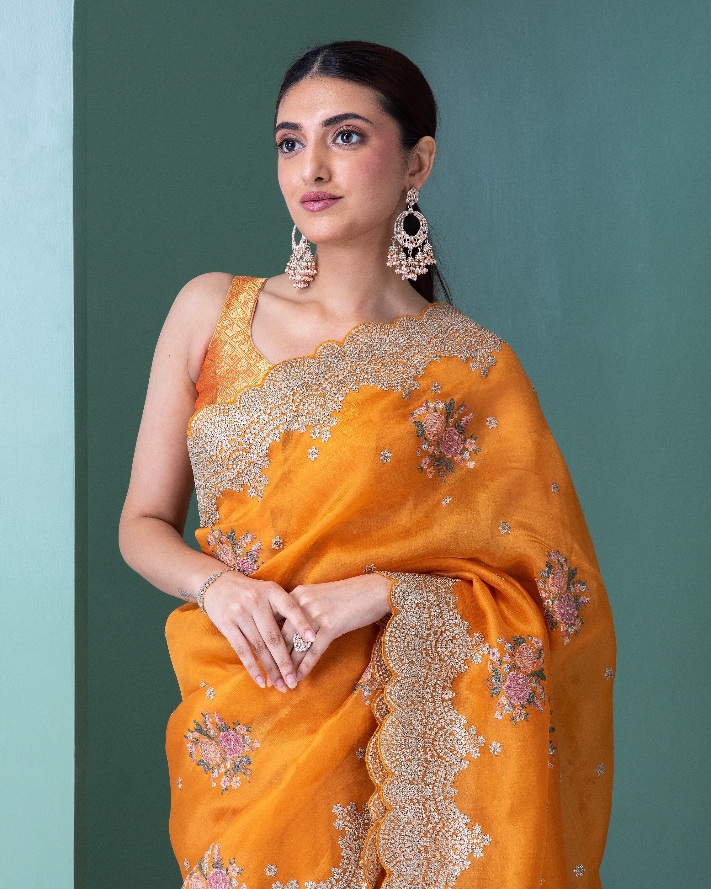 Orange Organza Saree with Floral Embroidery and Sequins Scallop Border - Mokshaa