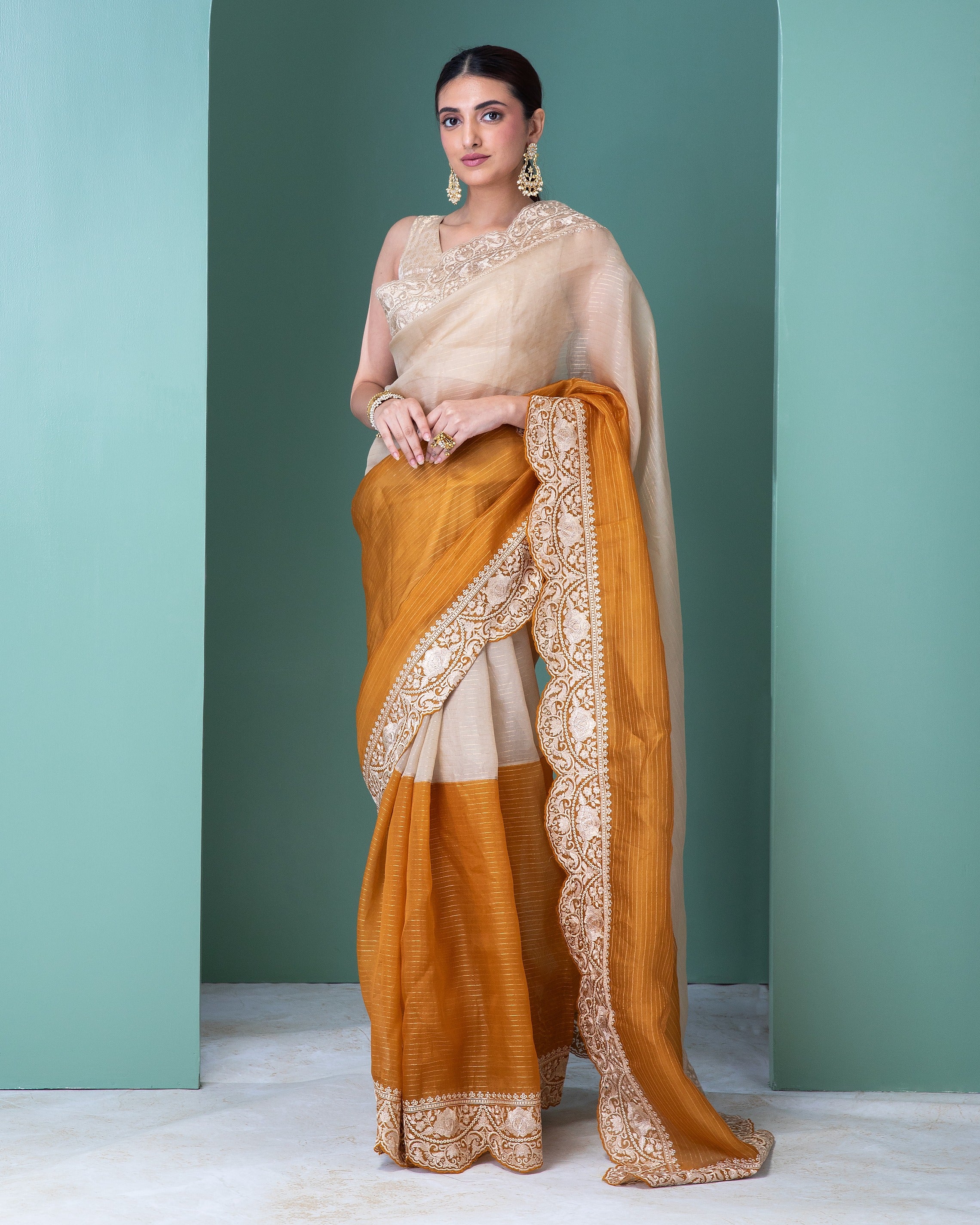 Off-White and Mustard Orange Organza Saree with Thread Embroidery and Scallop Border - Mokshaa