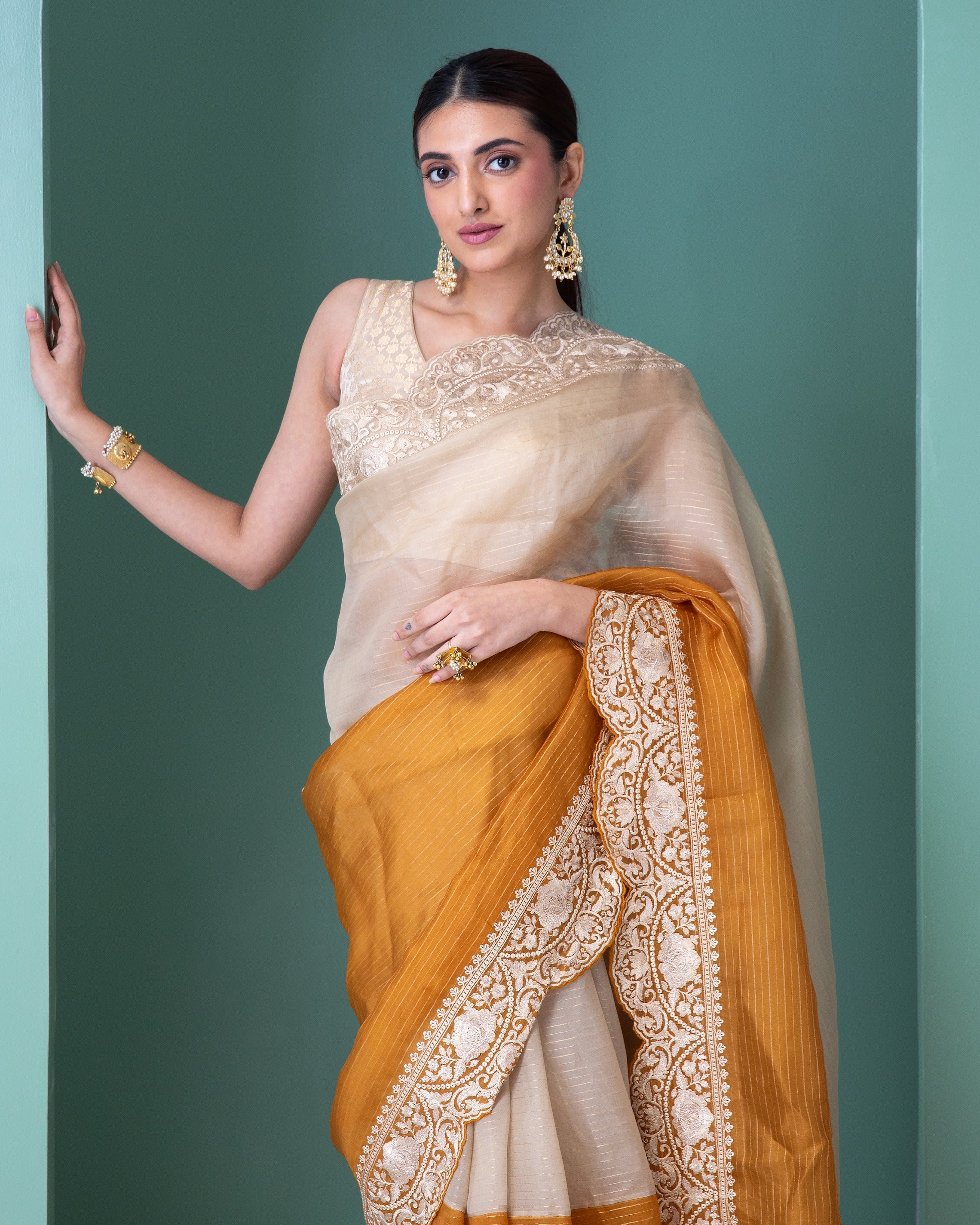 Off-White and Mustard Orange Organza Saree with Thread Embroidery and Scallop Border - Mokshaa