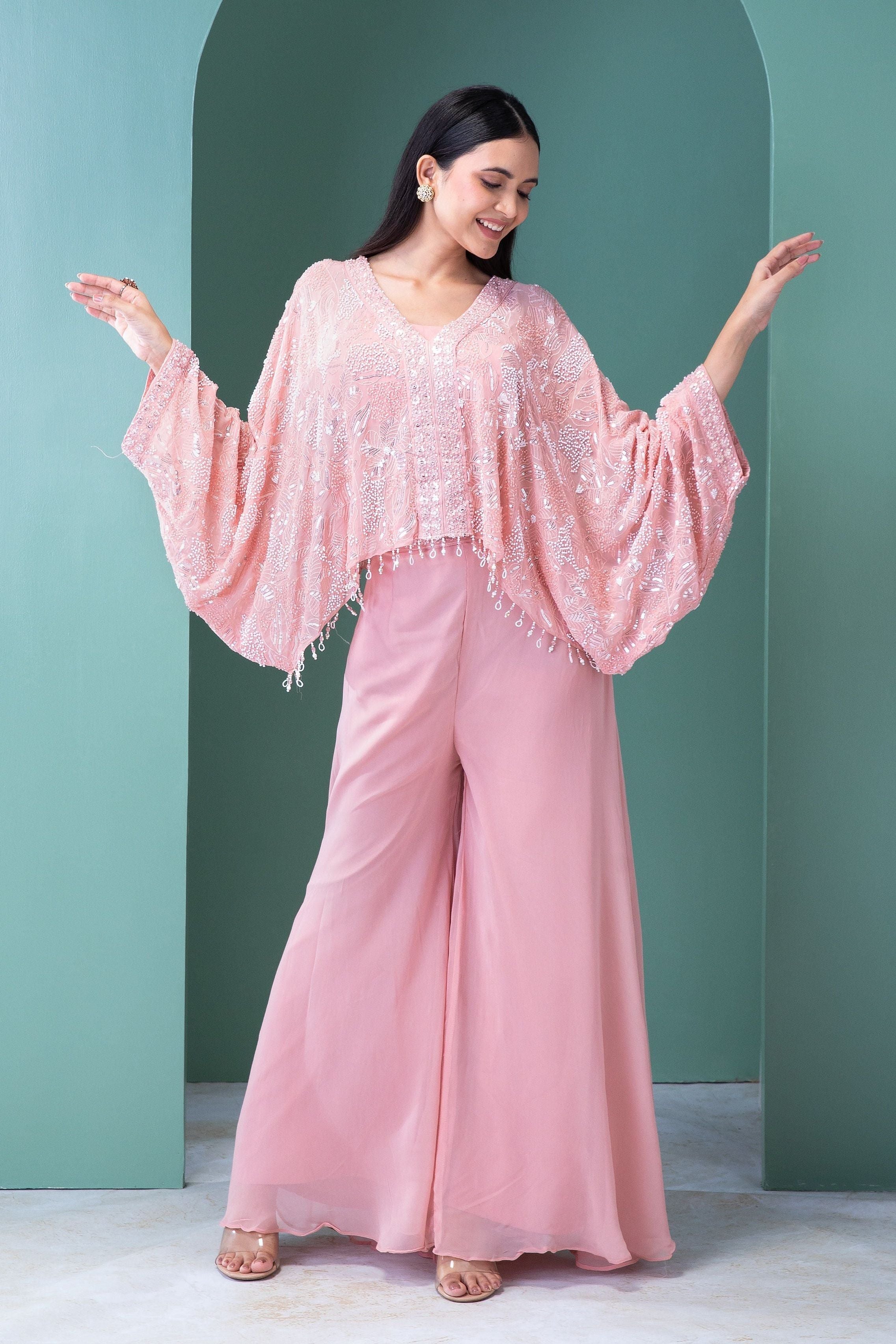 Blush Pink Georgette Top and Palazzo Set - Mokshaa