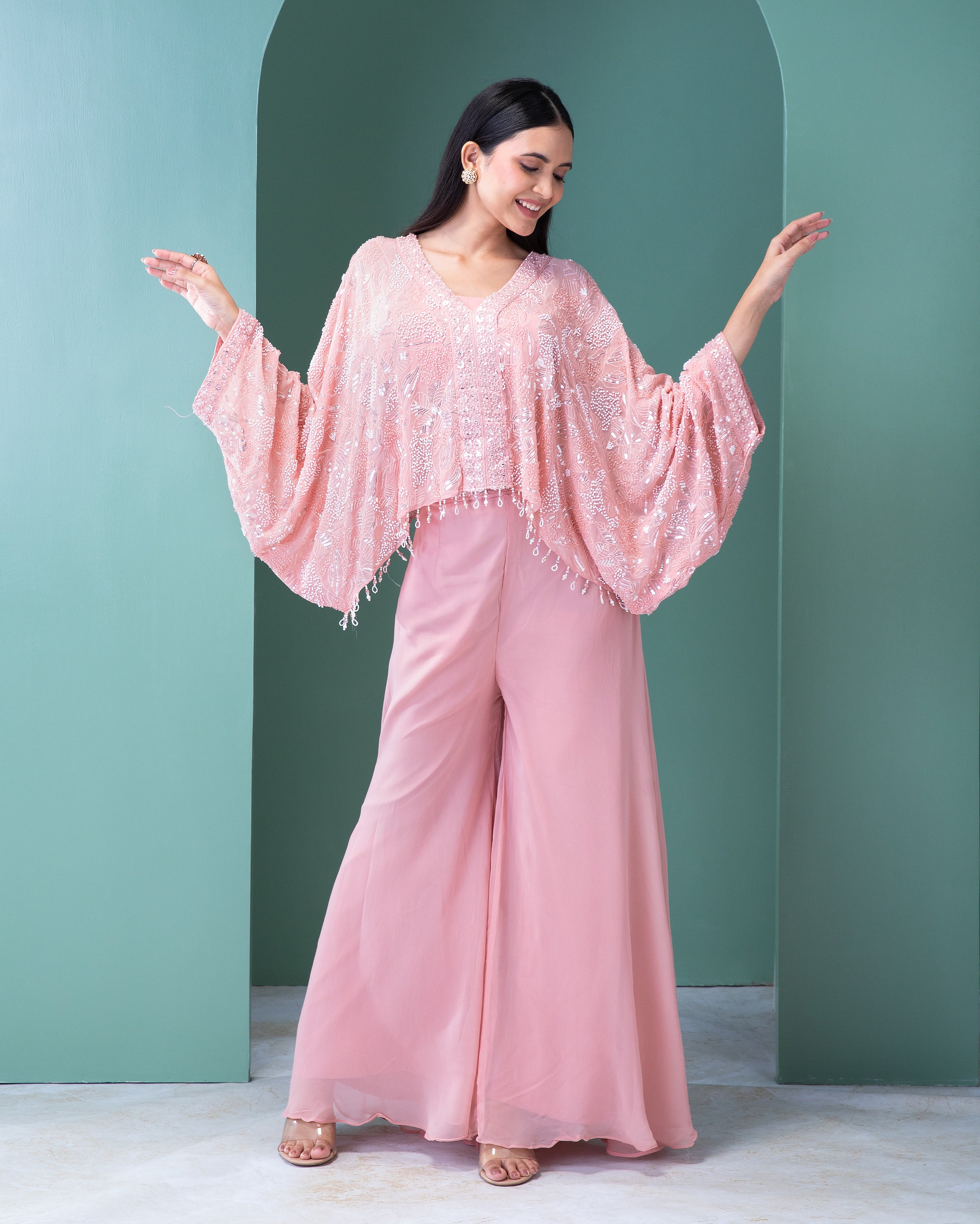 Blush Pink Georgette Top and Palazzo Set - Mokshaa