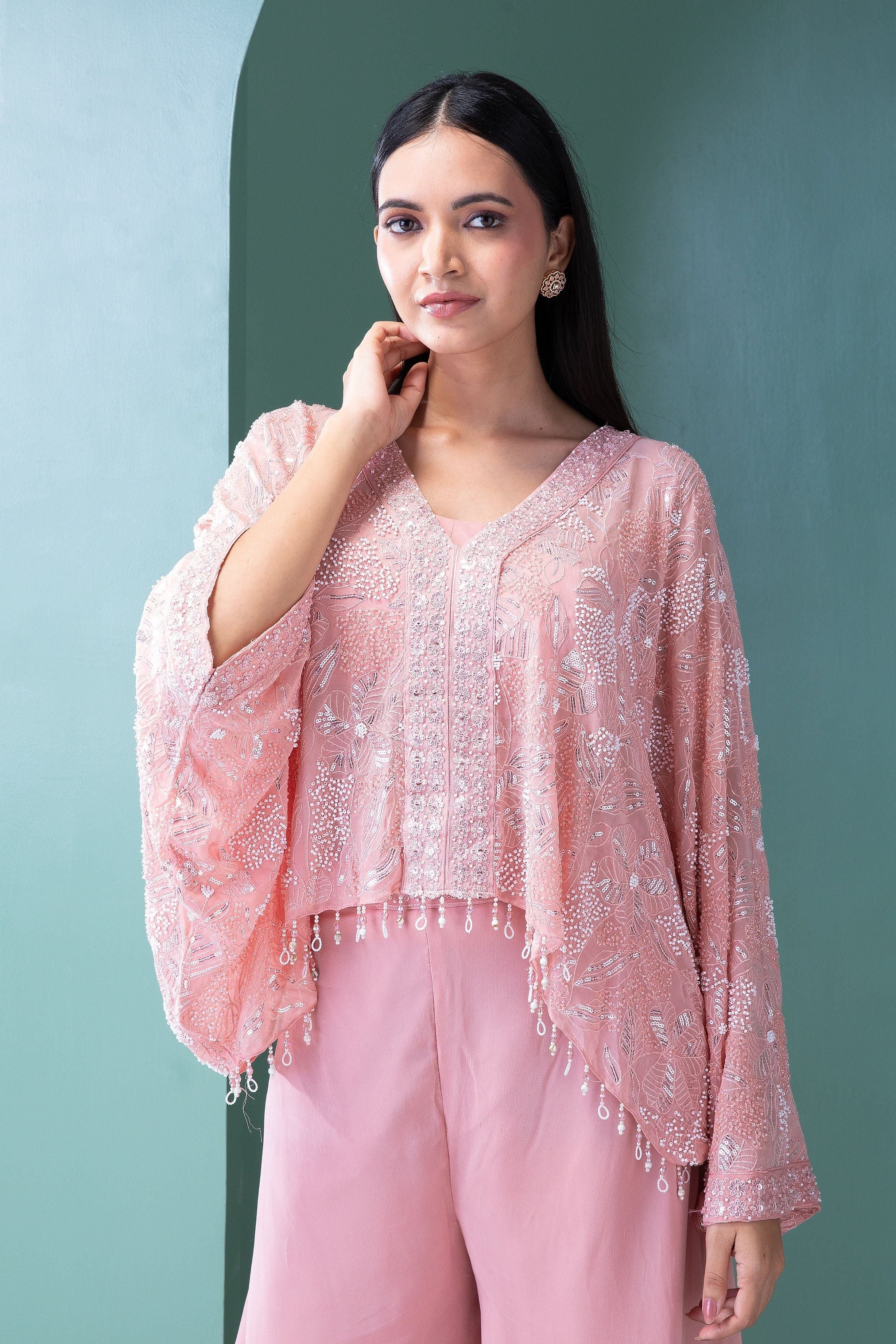 Blush Pink Georgette Top and Palazzo Set - Mokshaa