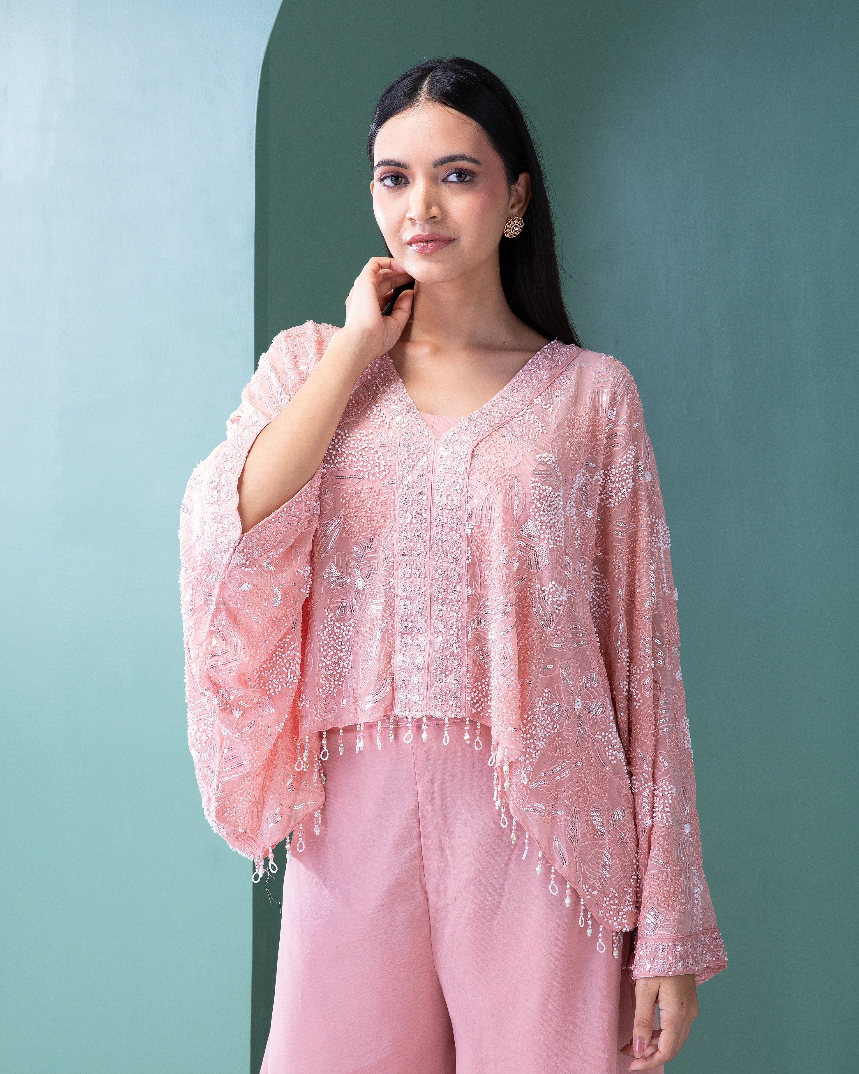 Blush Pink Georgette Top and Palazzo Set - Mokshaa