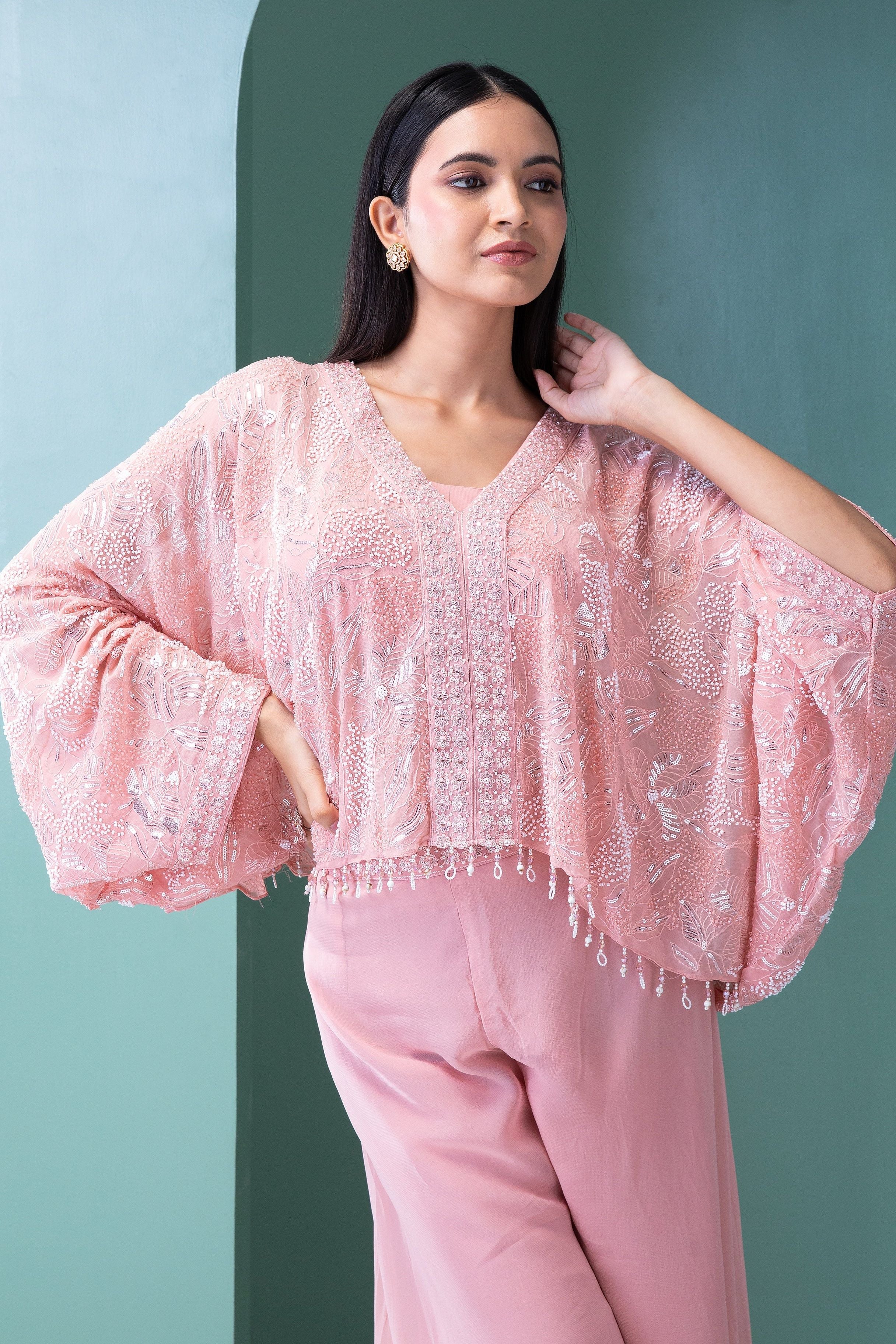 Blush Pink Georgette Top and Palazzo Set - Mokshaa