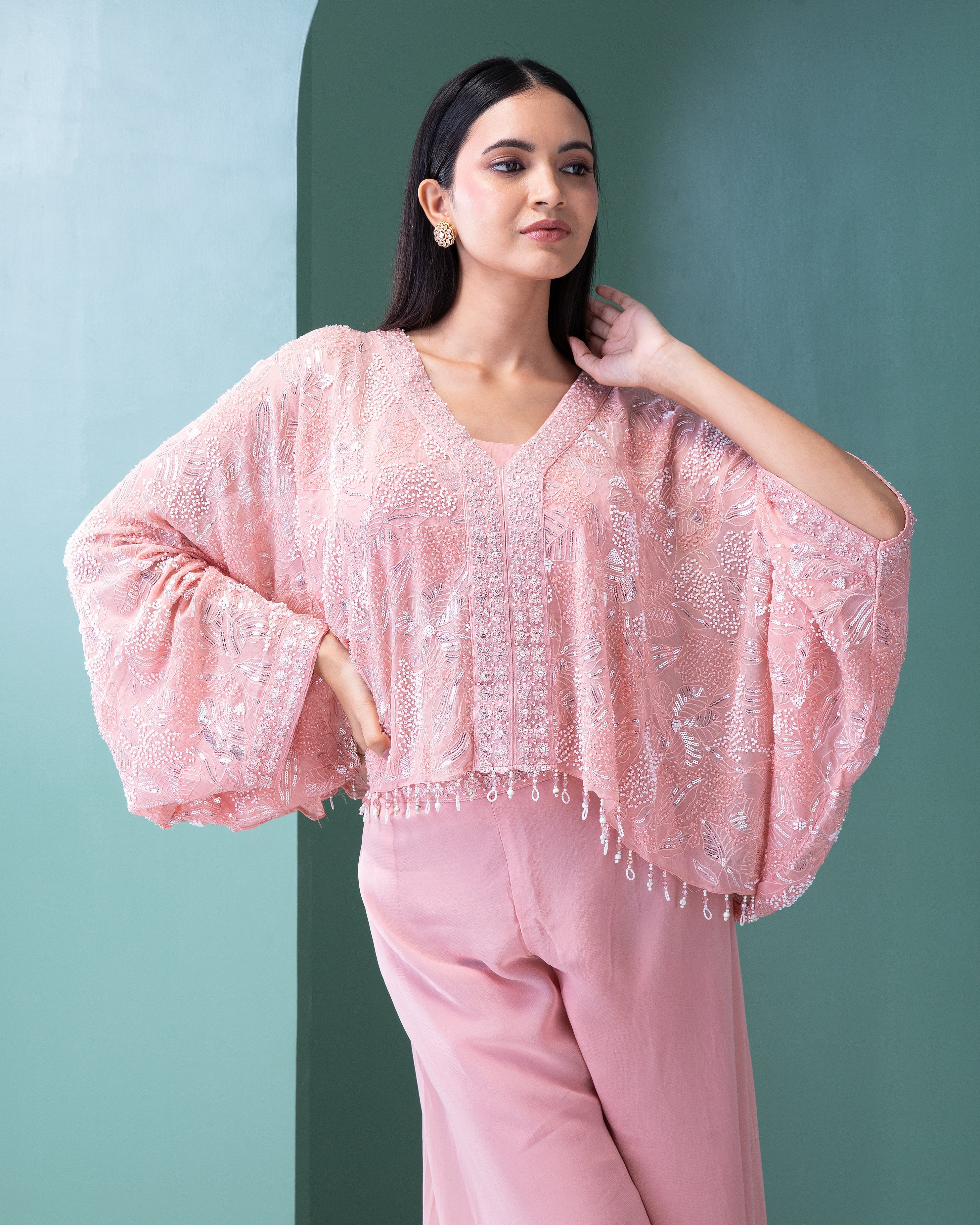 Blush Pink Georgette Top and Palazzo Set - Mokshaa