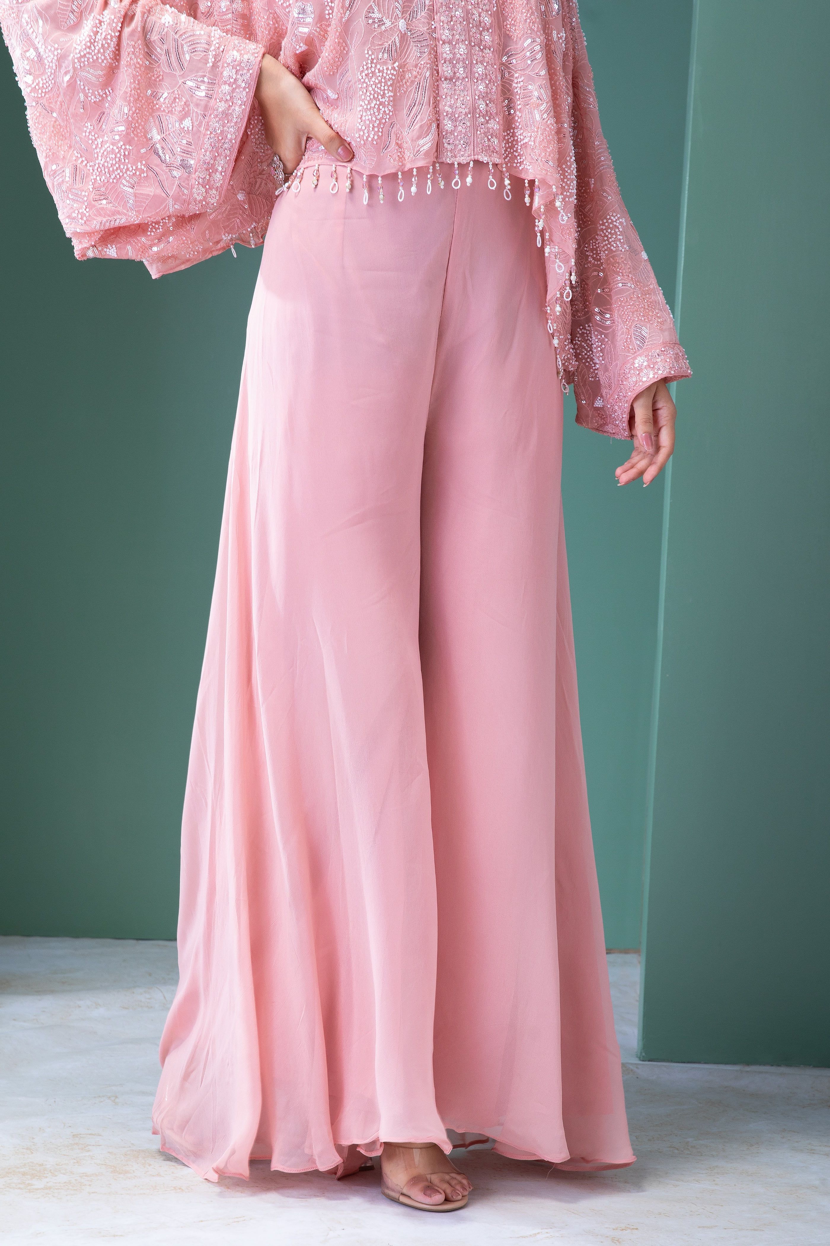 Blush Pink Georgette Top and Palazzo Set - Mokshaa