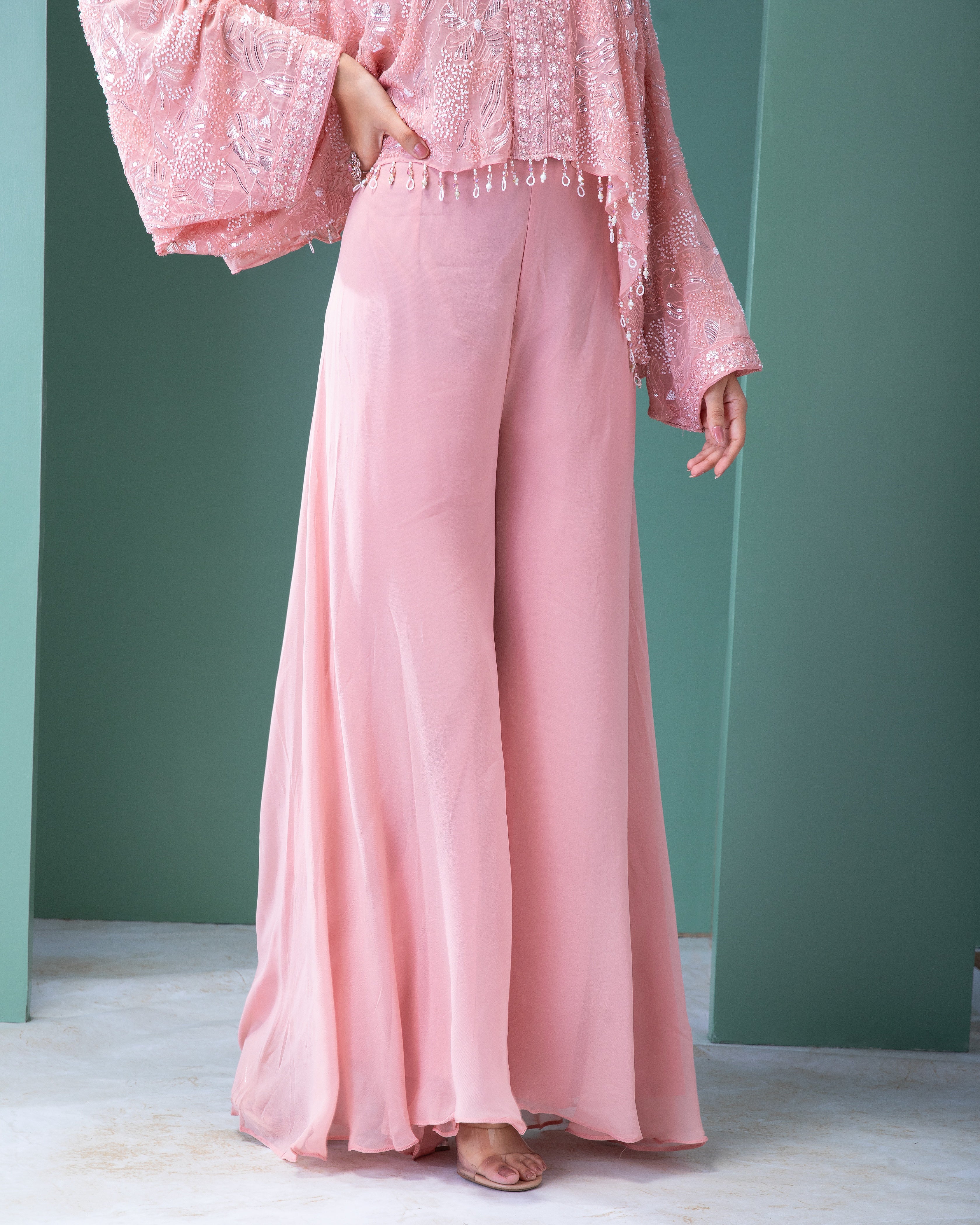 Blush Pink Georgette Top and Palazzo Set - Mokshaa