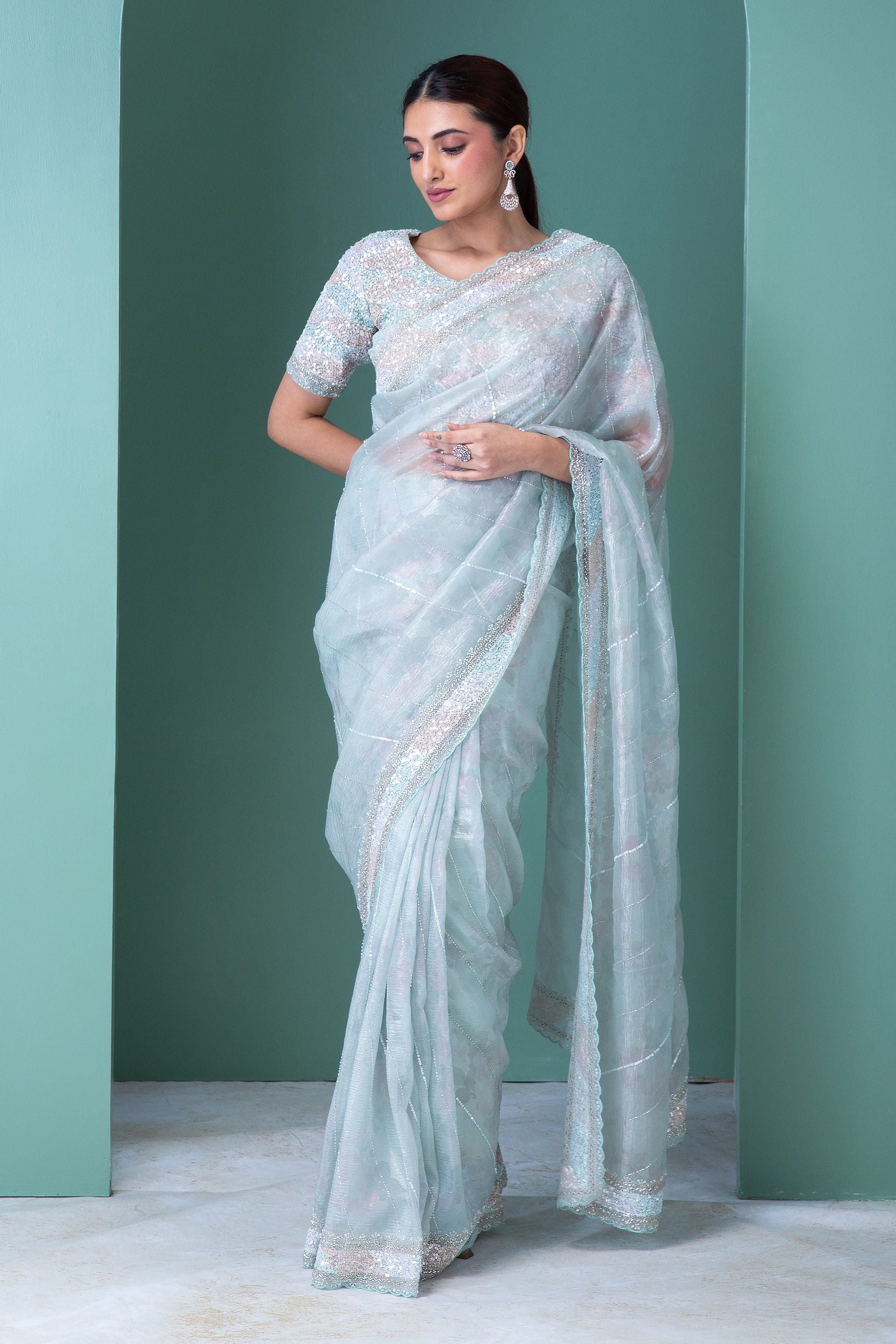 Cruise Blue Organza Crush Saree with Sequin, Crystal Beads, and Zircon Stone Highlights - Mokshaa