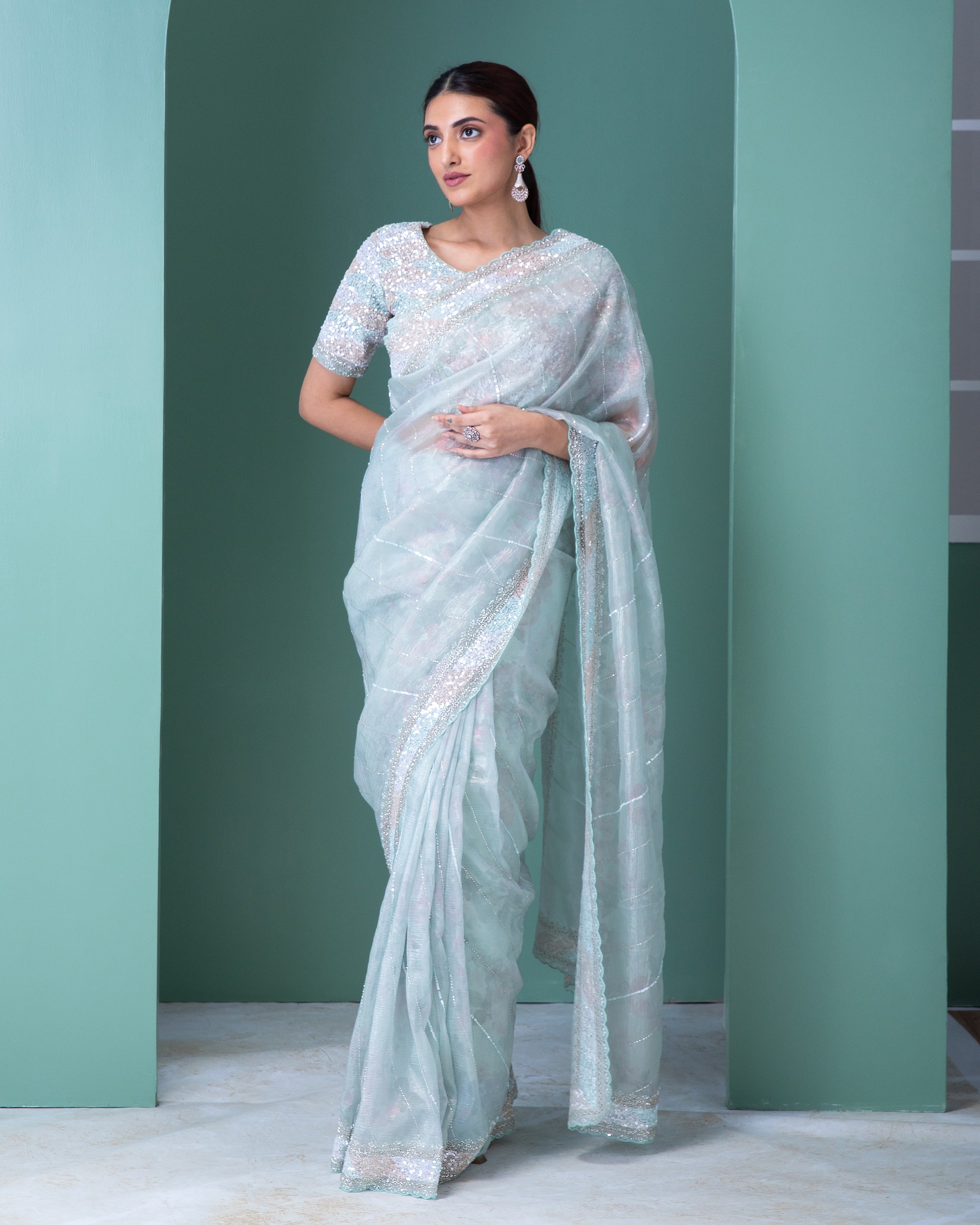 Soft Pastel Blue Net Saree with Sequins, Stones, and Zardosi Work - Mokshaa