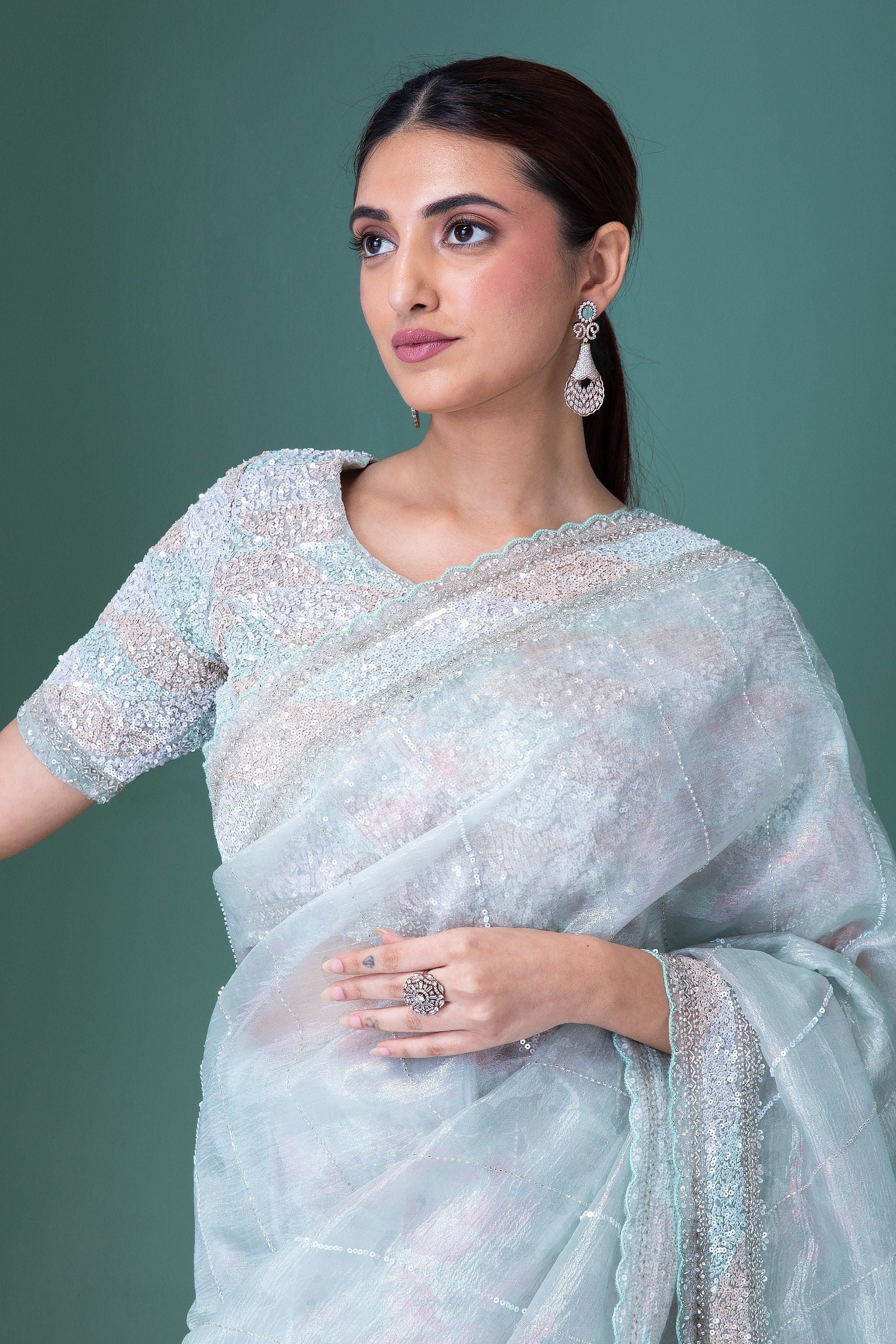 Soft Pastel Blue Net Saree with Sequins, Stones, and Zardosi Work - Mokshaa