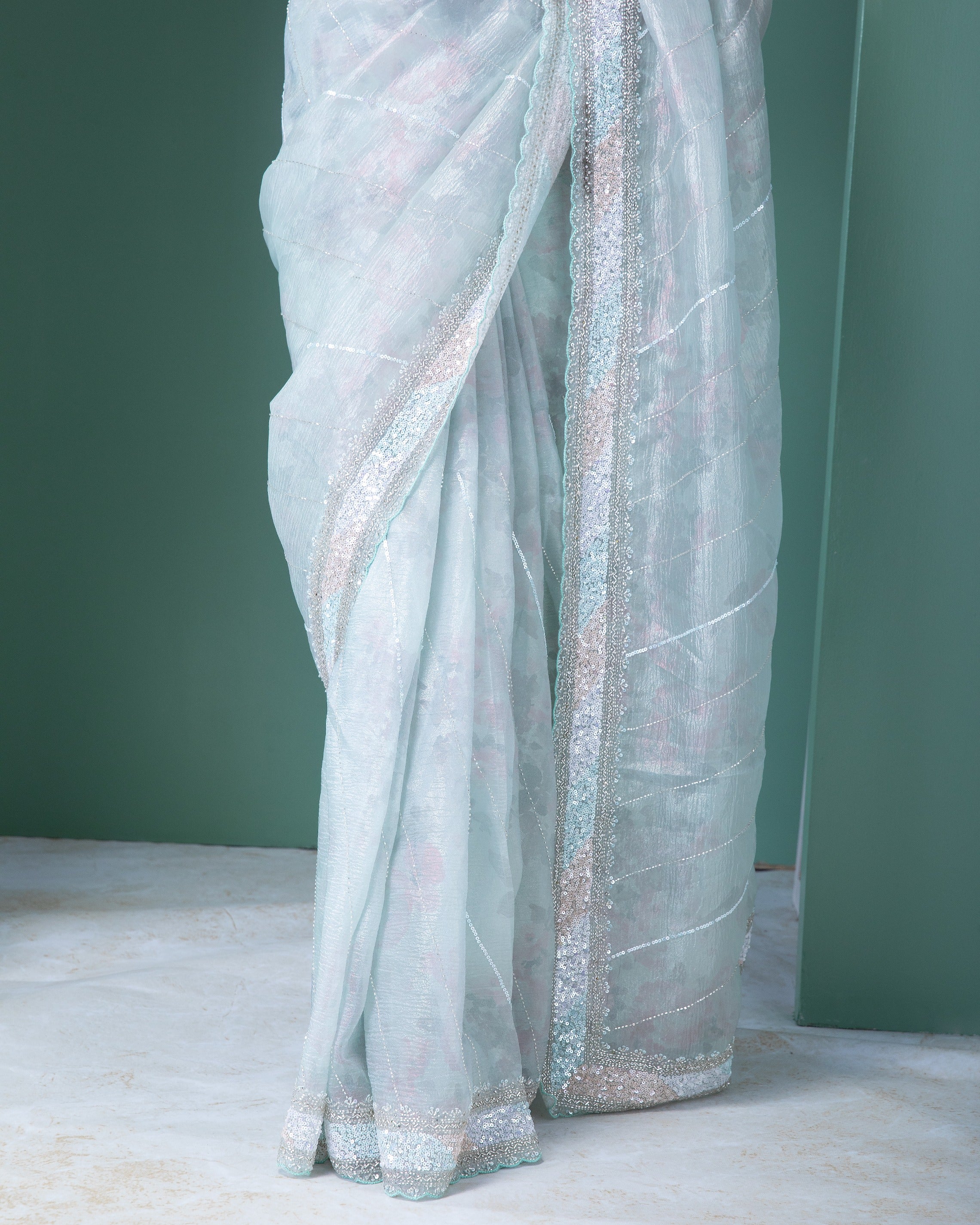 Cruise Blue Organza Crush Saree with Sequin, Crystal Beads, and Zircon Stone Highlights - Mokshaa