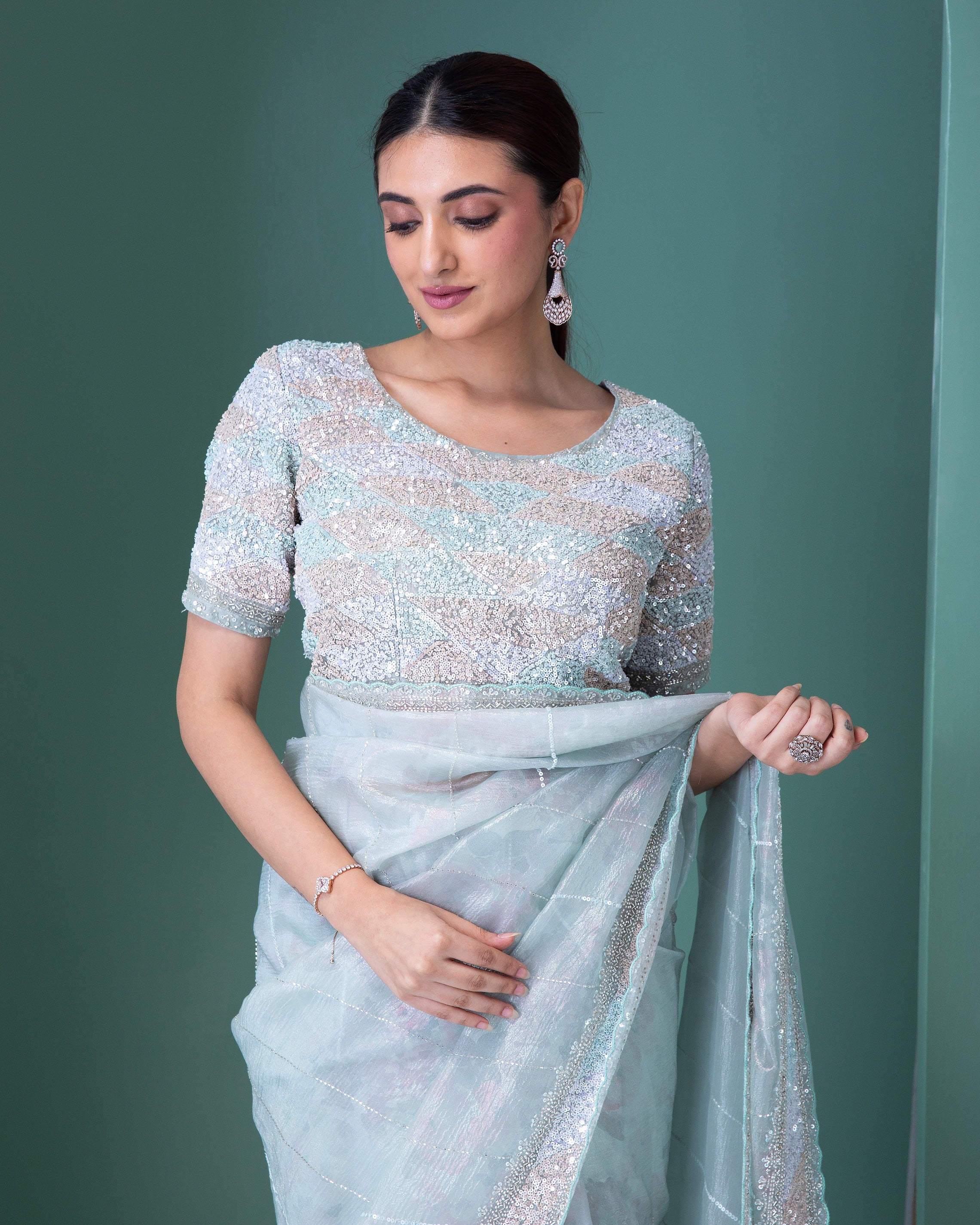 Cruise Blue Organza Crush Saree with Sequin, Crystal Beads, and Zircon Stone Highlights - Mokshaa