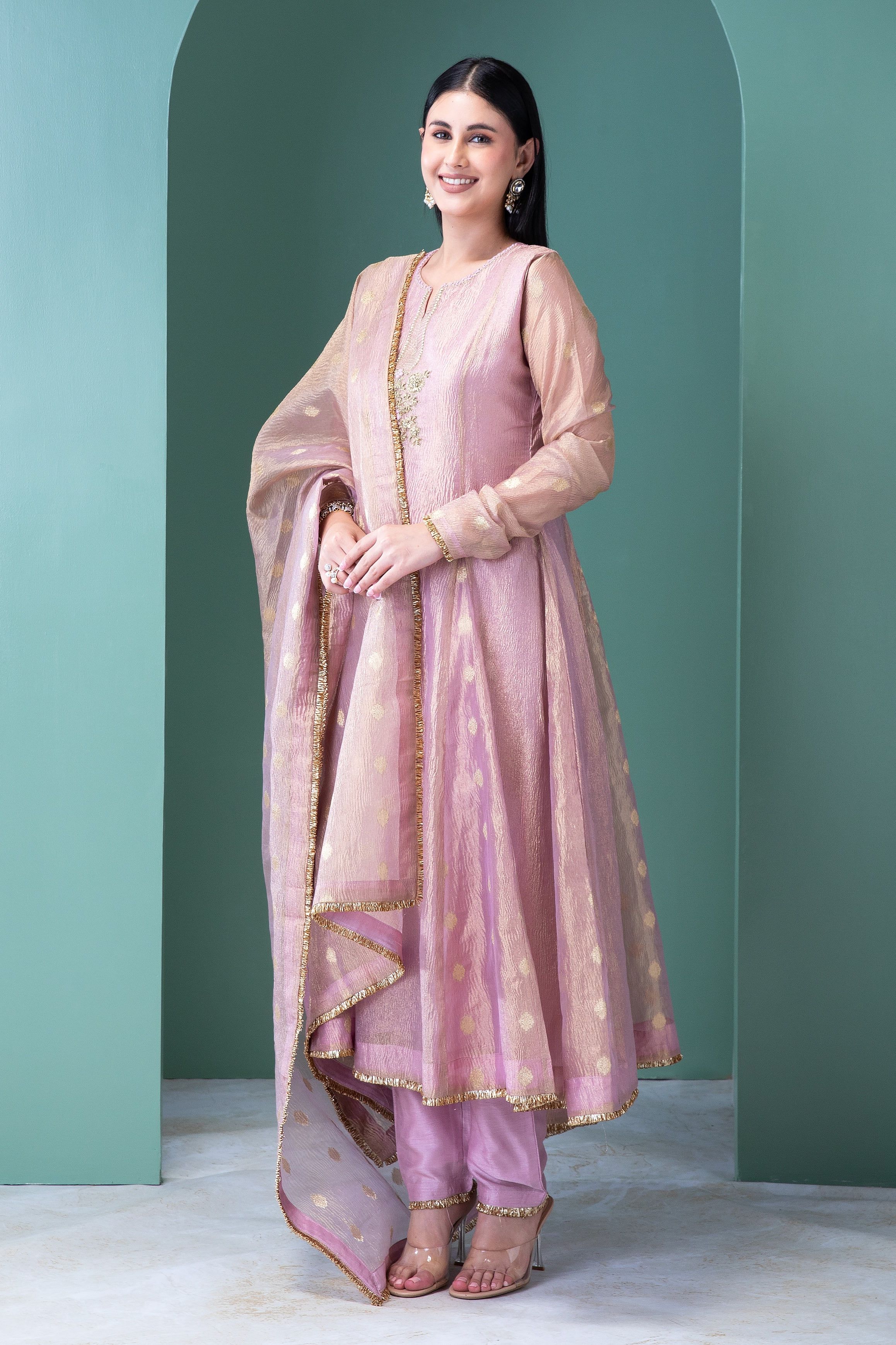 Blush Pink Banarasi Tissue Anarkali Set - Mokshaa