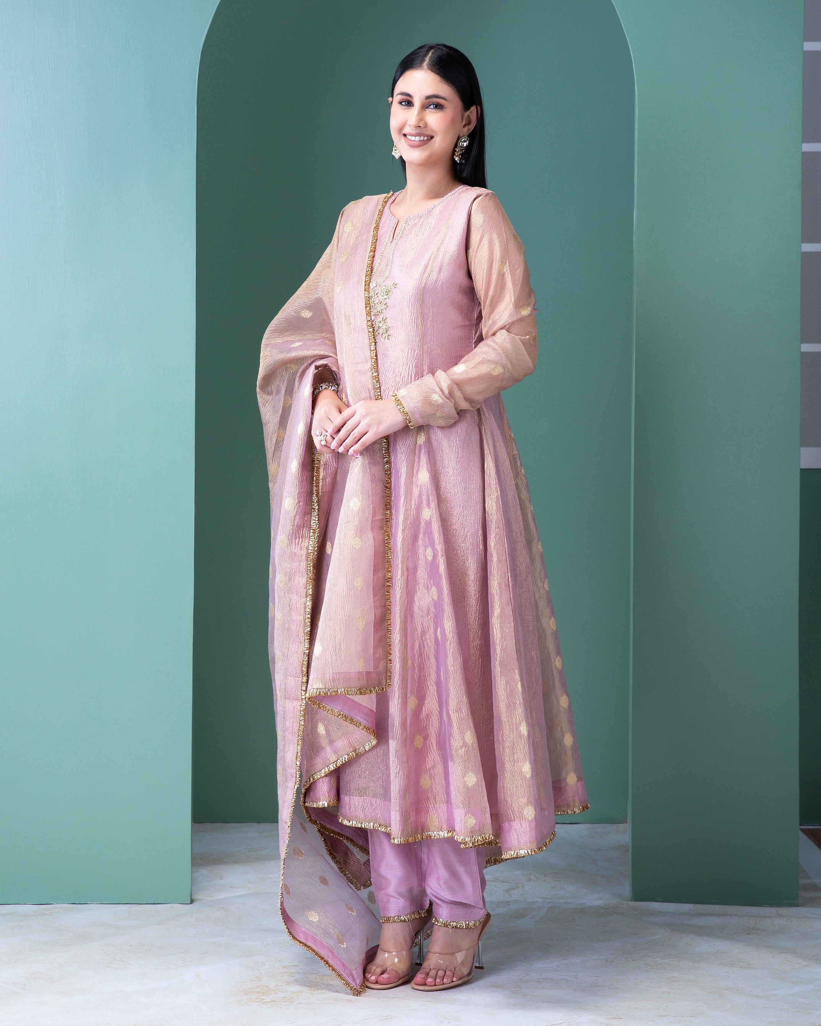 Blush Pink Banarasi Tissue Anarkali Set - Mokshaa