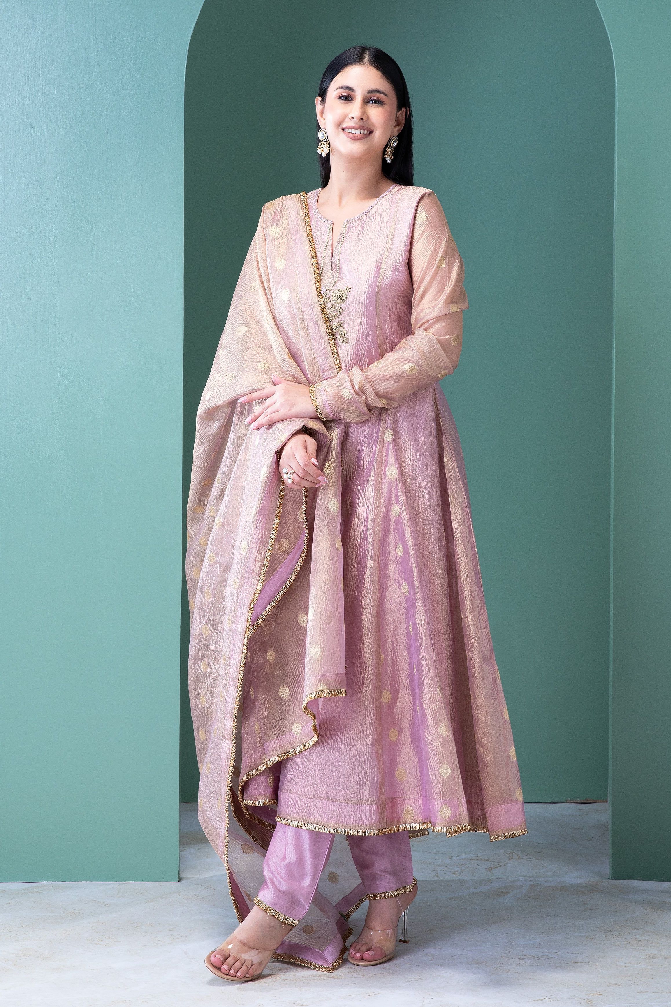 Blush Pink Banarasi Tissue Anarkali Set - Mokshaa