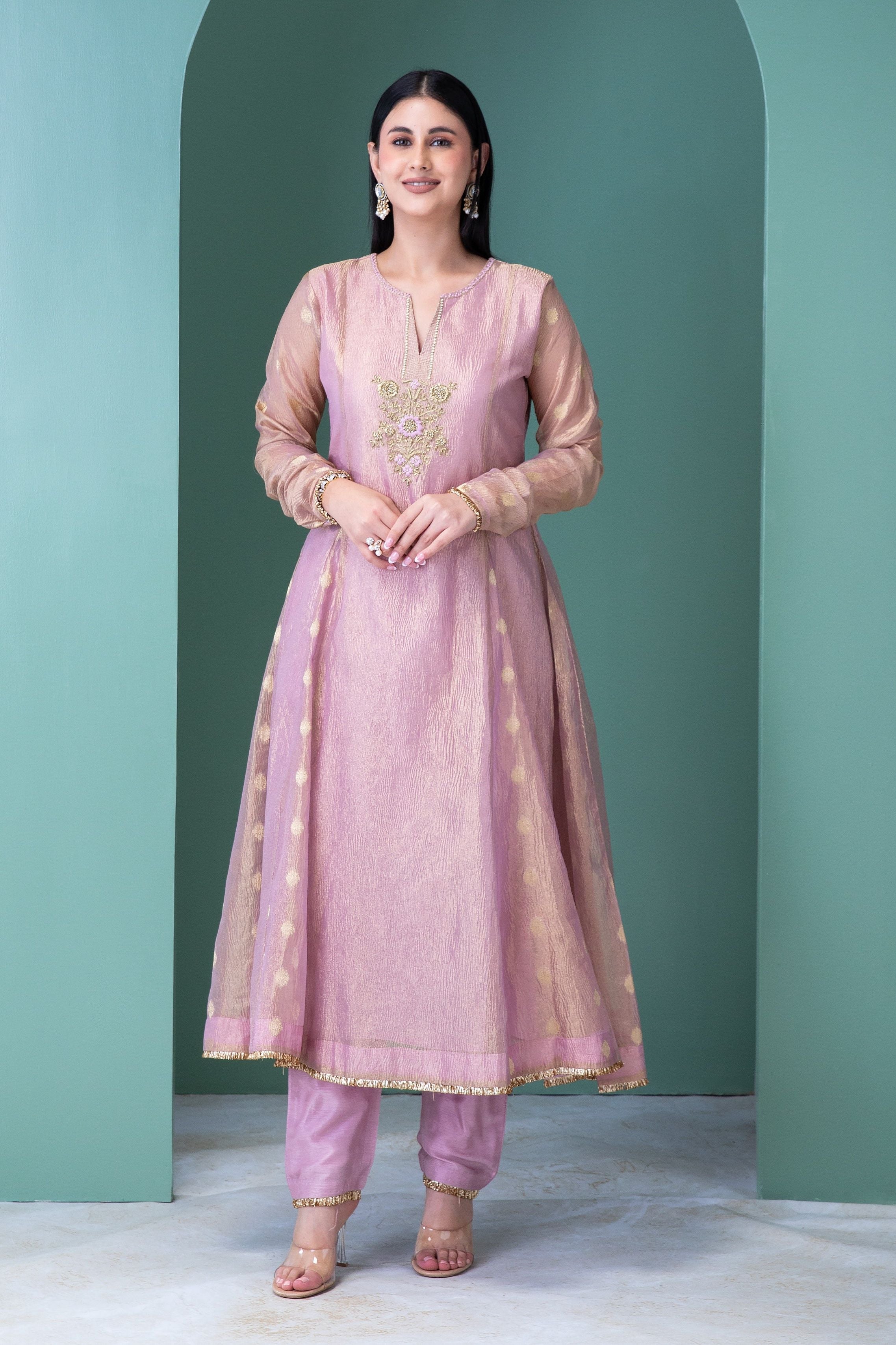 Blush Pink Banarasi Tissue Anarkali Set - Mokshaa