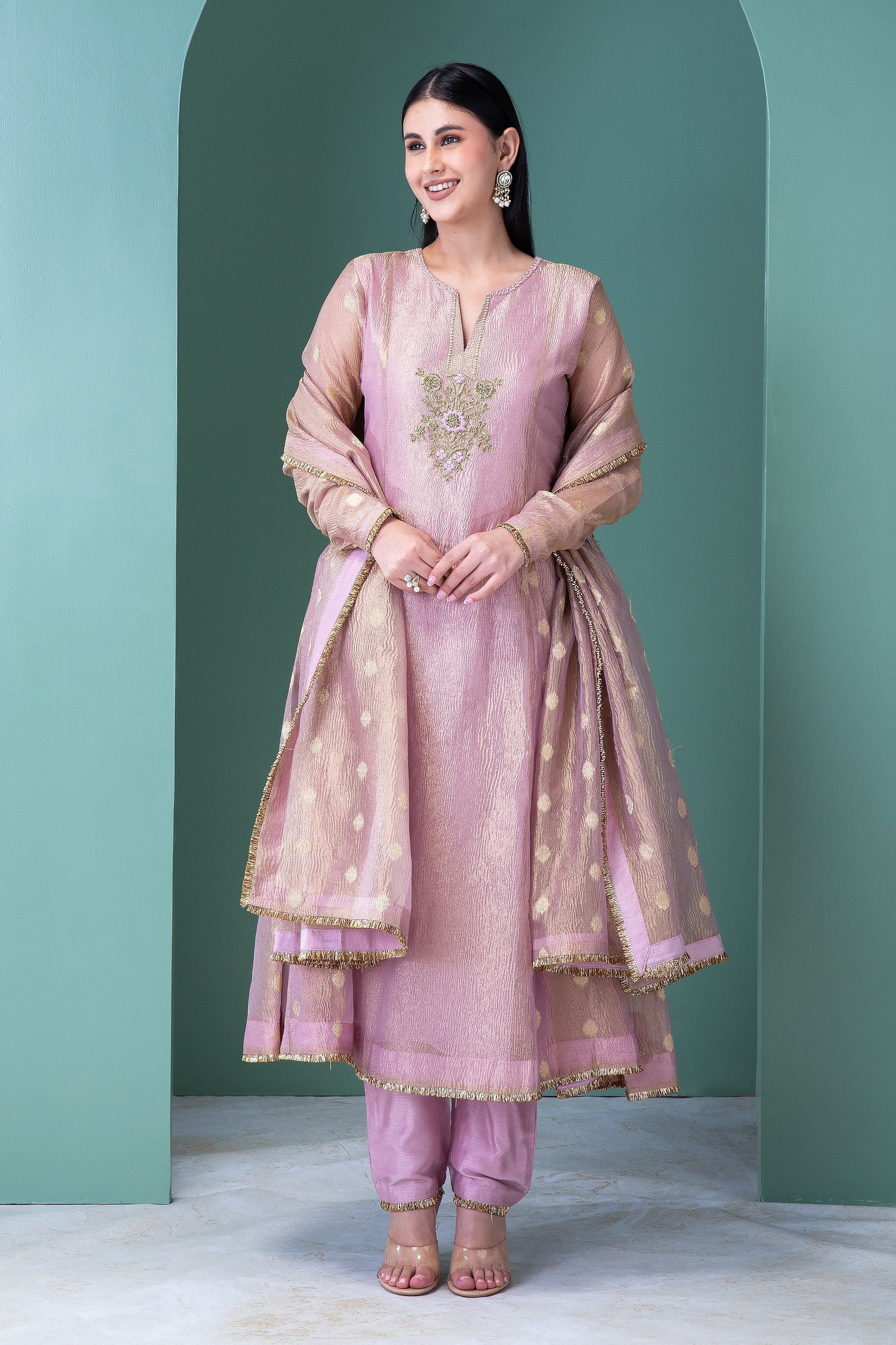 Blush Pink Banarasi Tissue Anarkali Set - Mokshaa